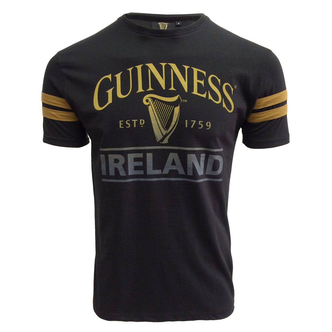 Black T-shirt with Guinness logo, harp, and Ireland text