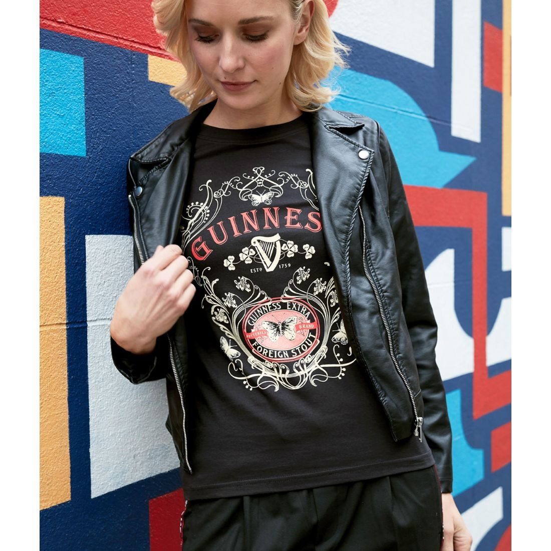 Guinness Ladies Butterfly & Extra Foreign Stout Print Black T-Shirt