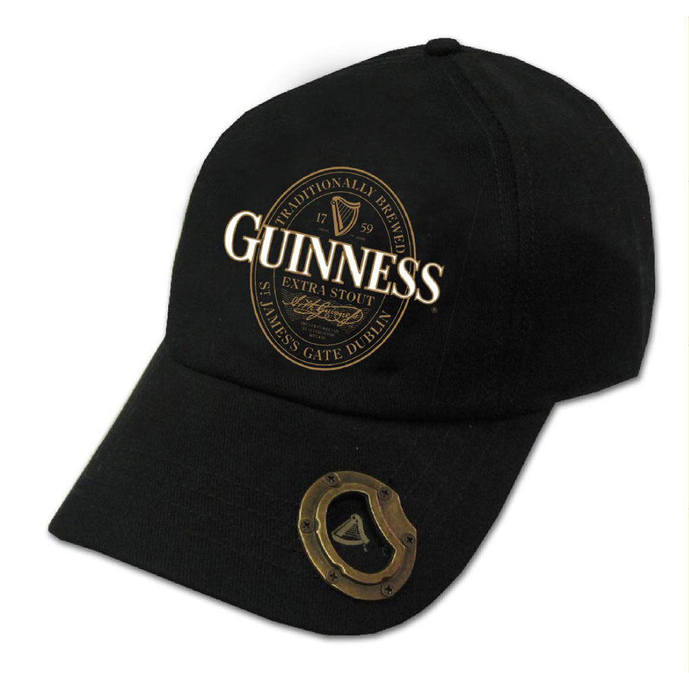 Black Guinness Baseball Cap With Extra Stout Label Design & Bottle Opener