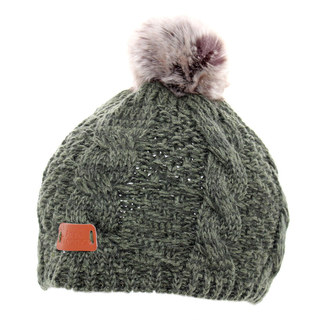 Knit Tammy Hat With Faux Fur Bobble Dark Green
