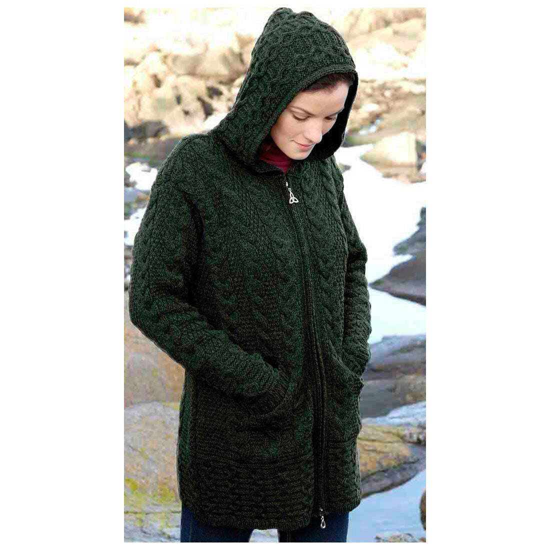 Ladies Merino Wool Hooded Army Green Coat