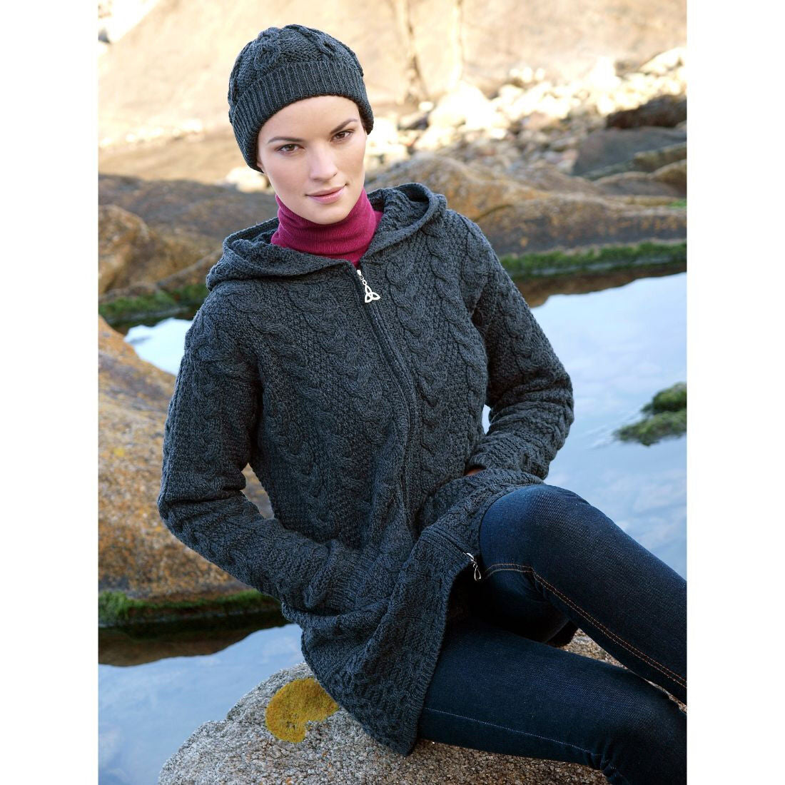 Ladies Merino Wool Hooded Coat Charcoal