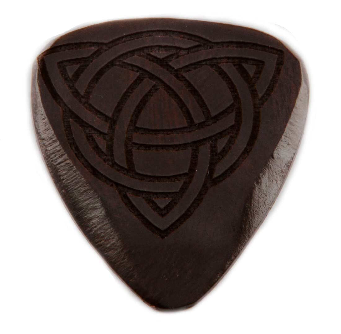 Dark wooden guitar pick with engraved Celtic knot design