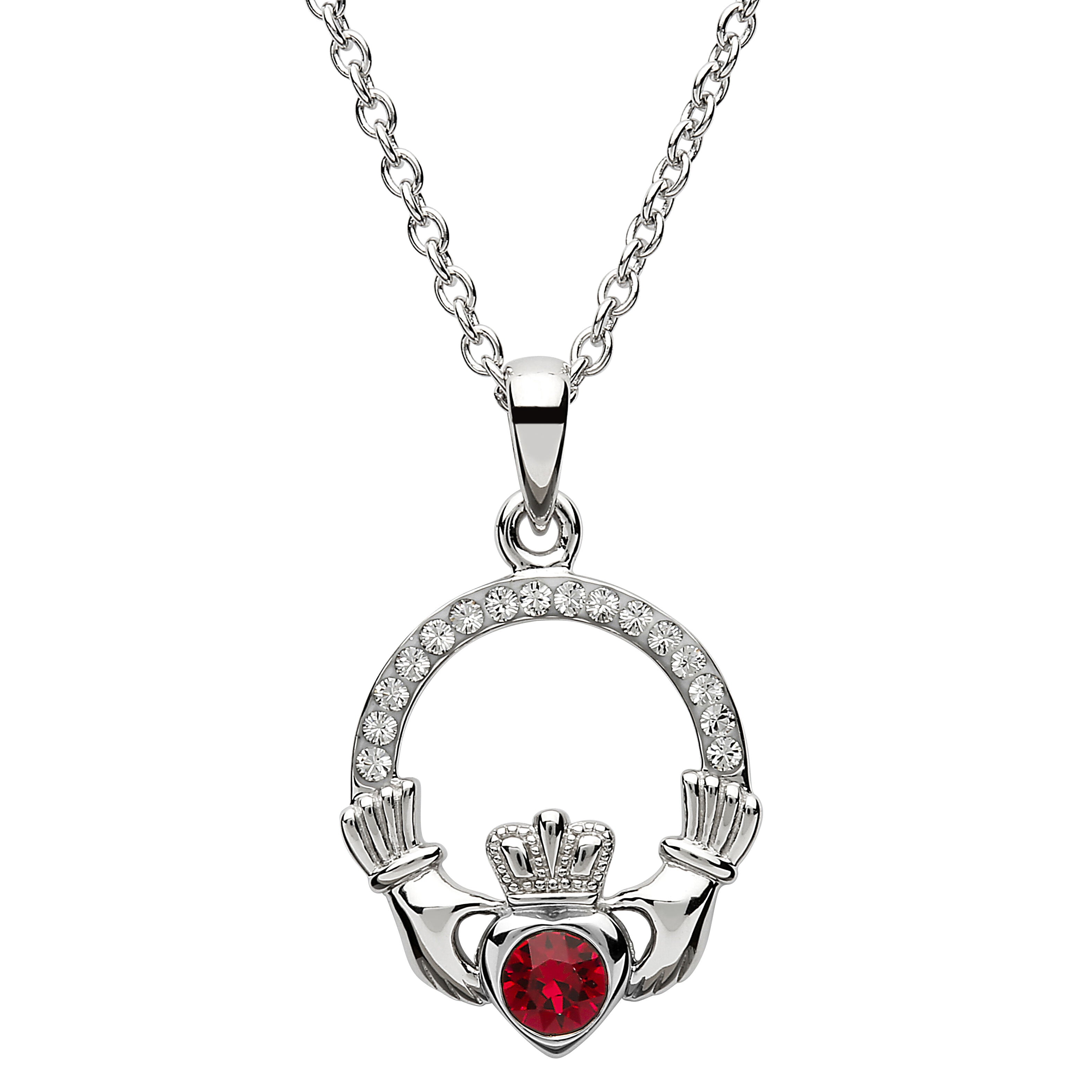 Shanore Claddagh July Ruby Birthstone Necklace Adorned With Crystal