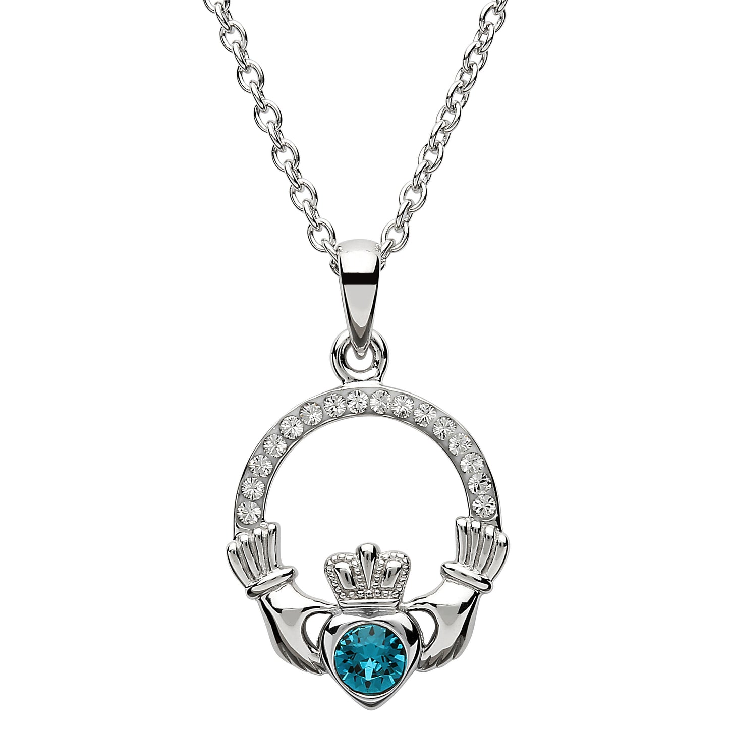 Shanore Claddagh December Blue Topaz Birthstone necklace Adorned With Crystal