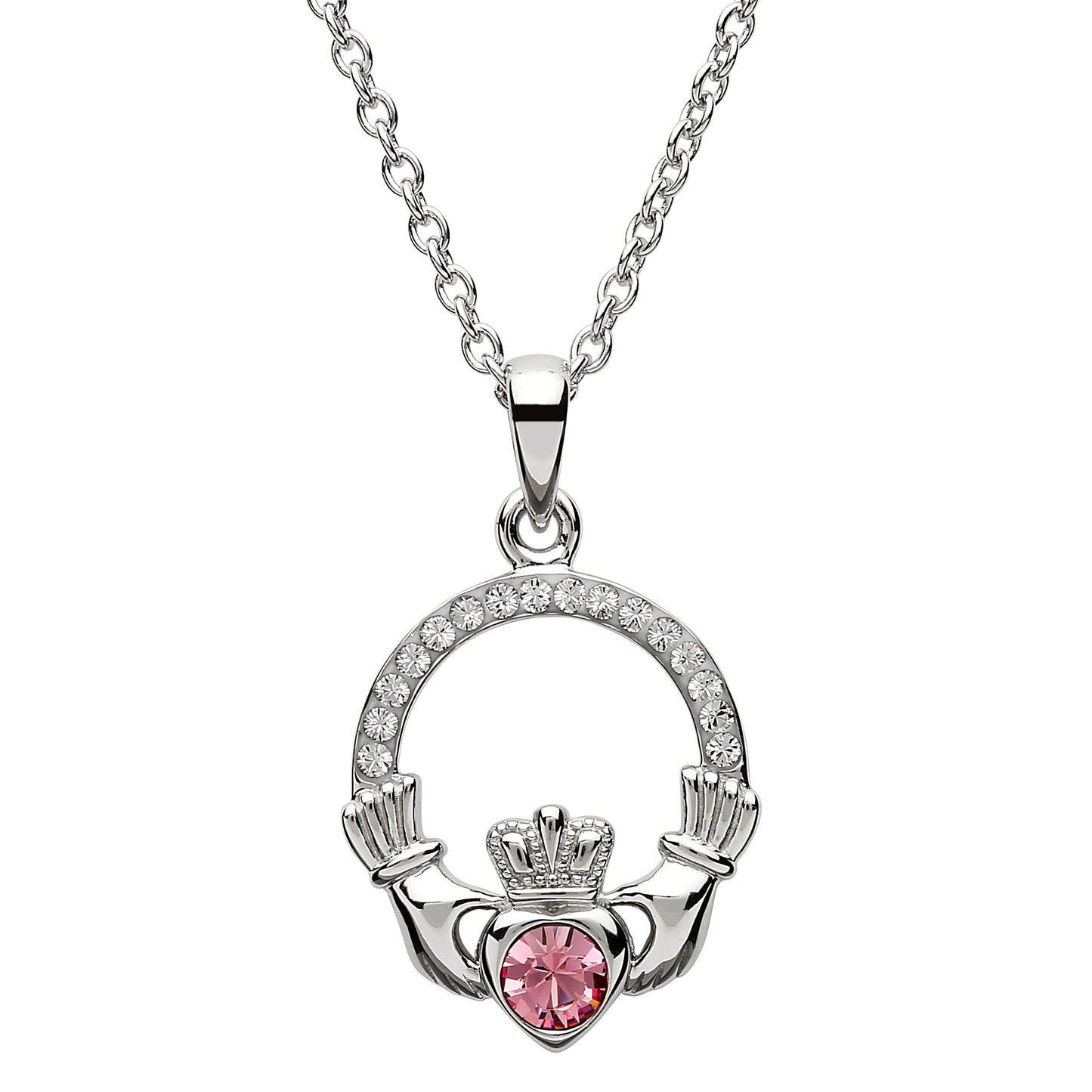 Shanore Claddagh October Pink Birthstone Necklace Adorned With Crystal