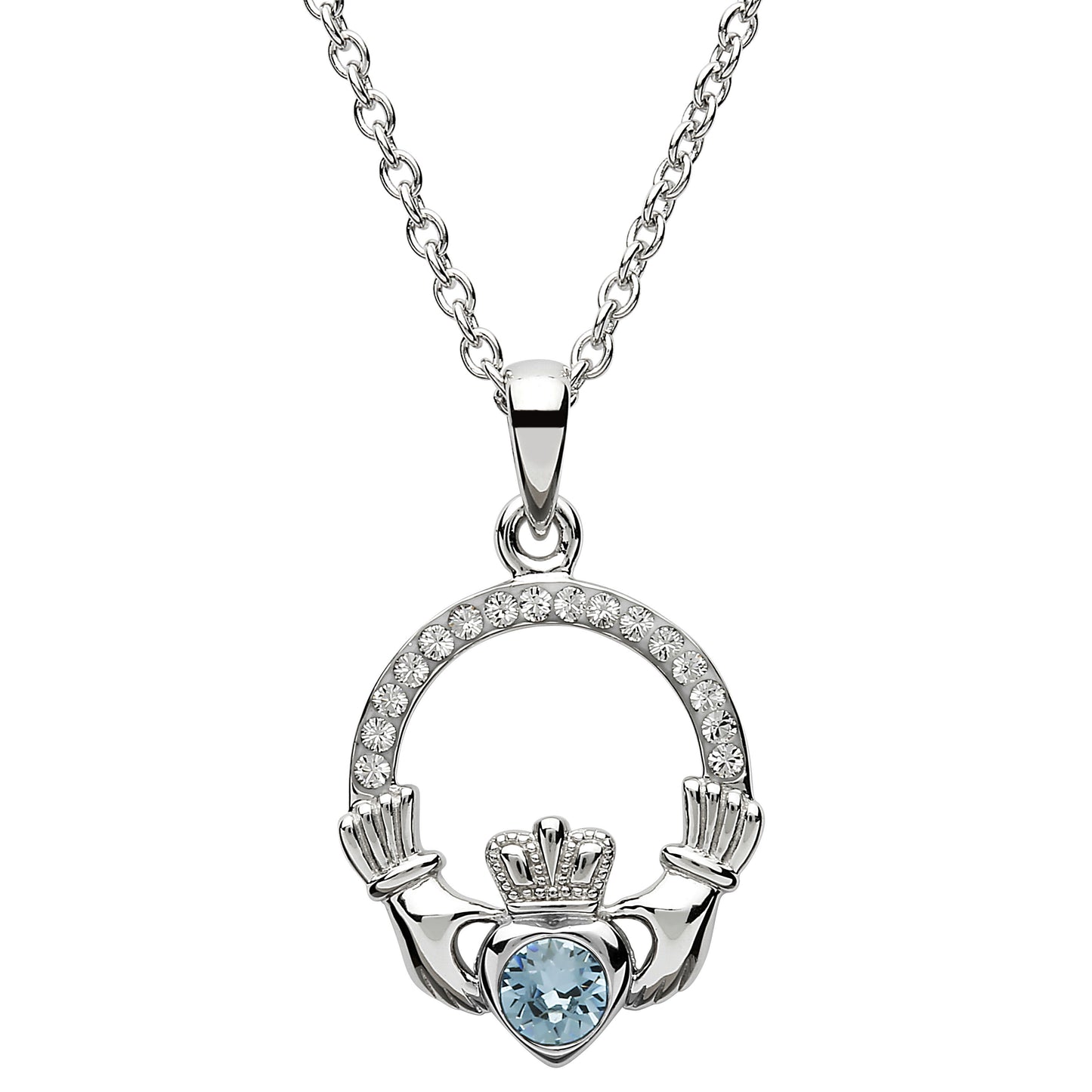 Shanore Claddagh March Aquamarine Birthstone Necklace Adorned With Crystal