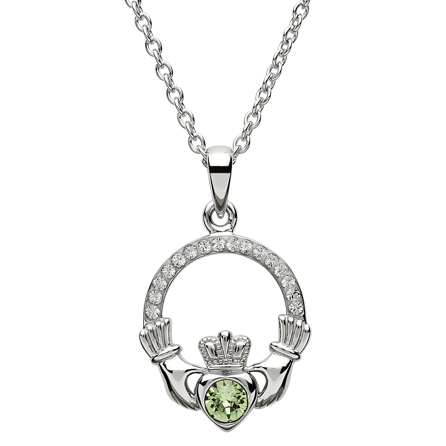 Shanore Claddagh August Peridot Birthstone necklace Adorned With Crystal