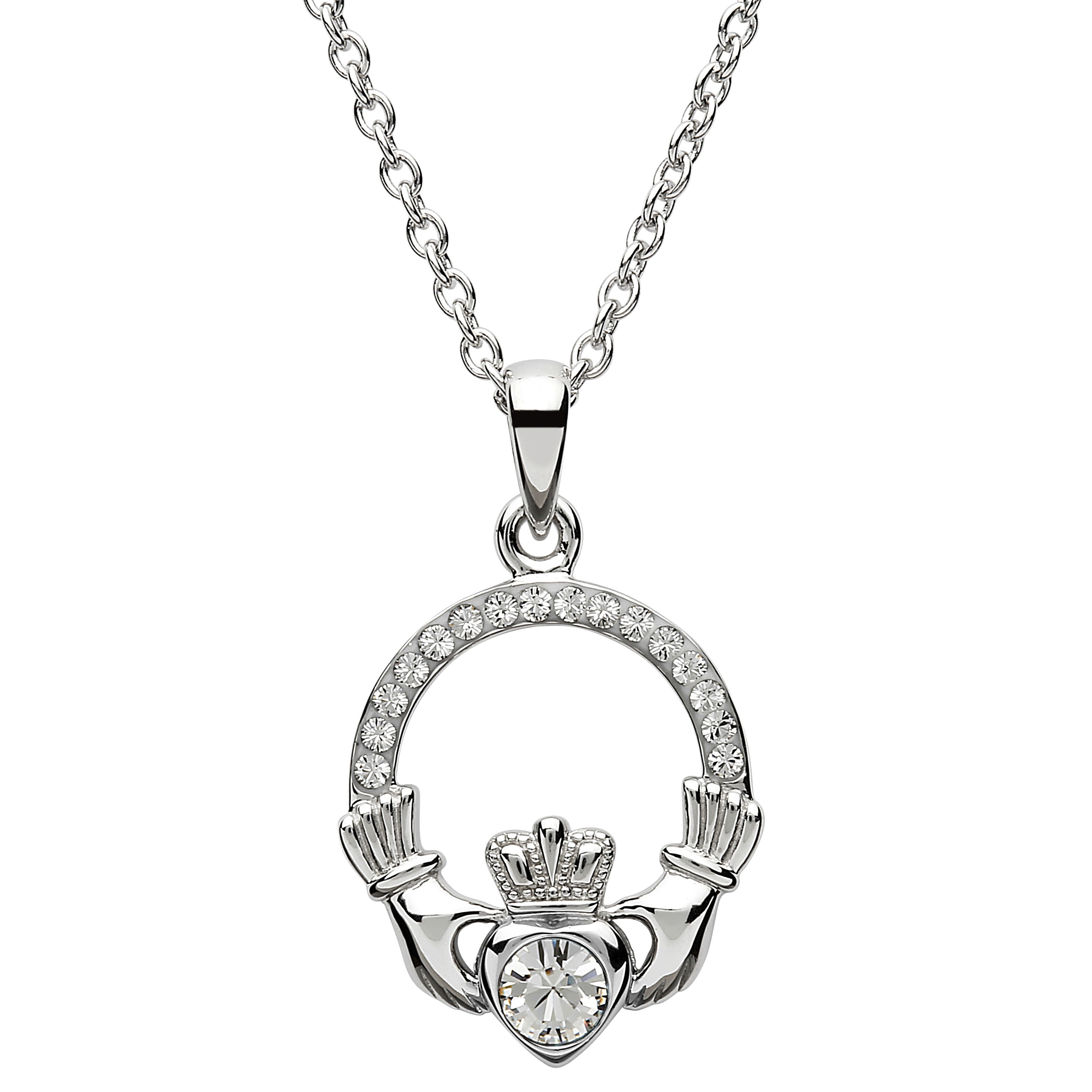 Shanore Claddagh April White Crystal Birthstone Necklace Adorned With Crystal