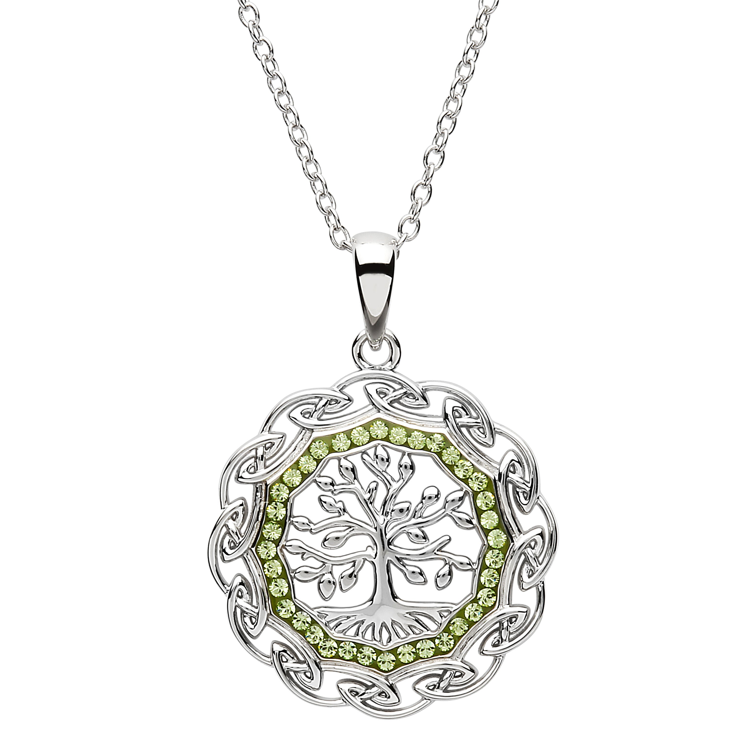 Platinum Plated Tree Of Life Necklace With Clear & Peridot Crystals