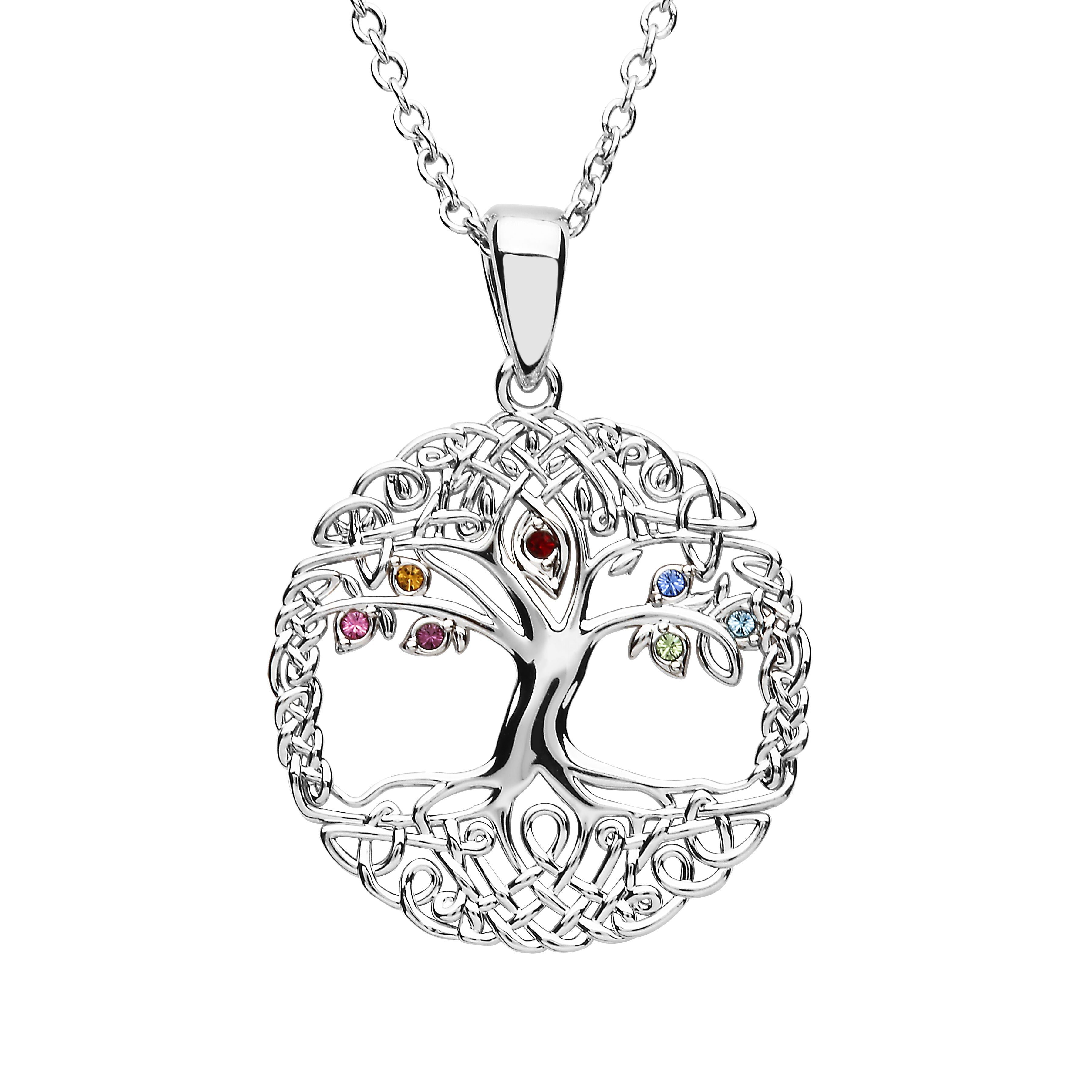 Platinum Plated Tree Of Life Necklace With Multi Crystal