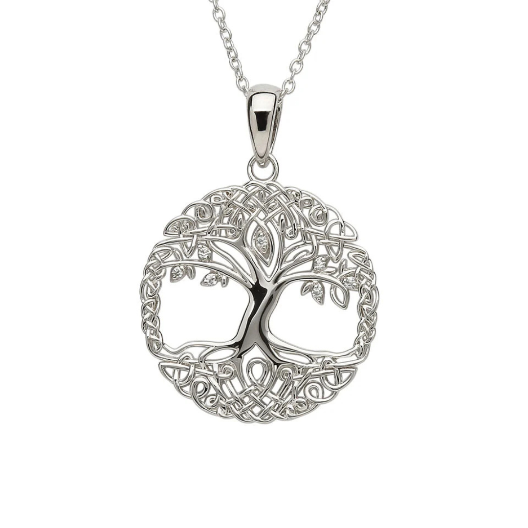Platinum Plated Tree Of Life Necklace With Clear Crystal