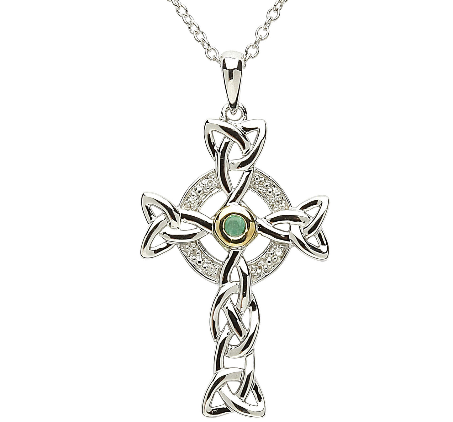 Platinum Plated Celtic Cross Necklace With Green Centre & Clear Crystal
