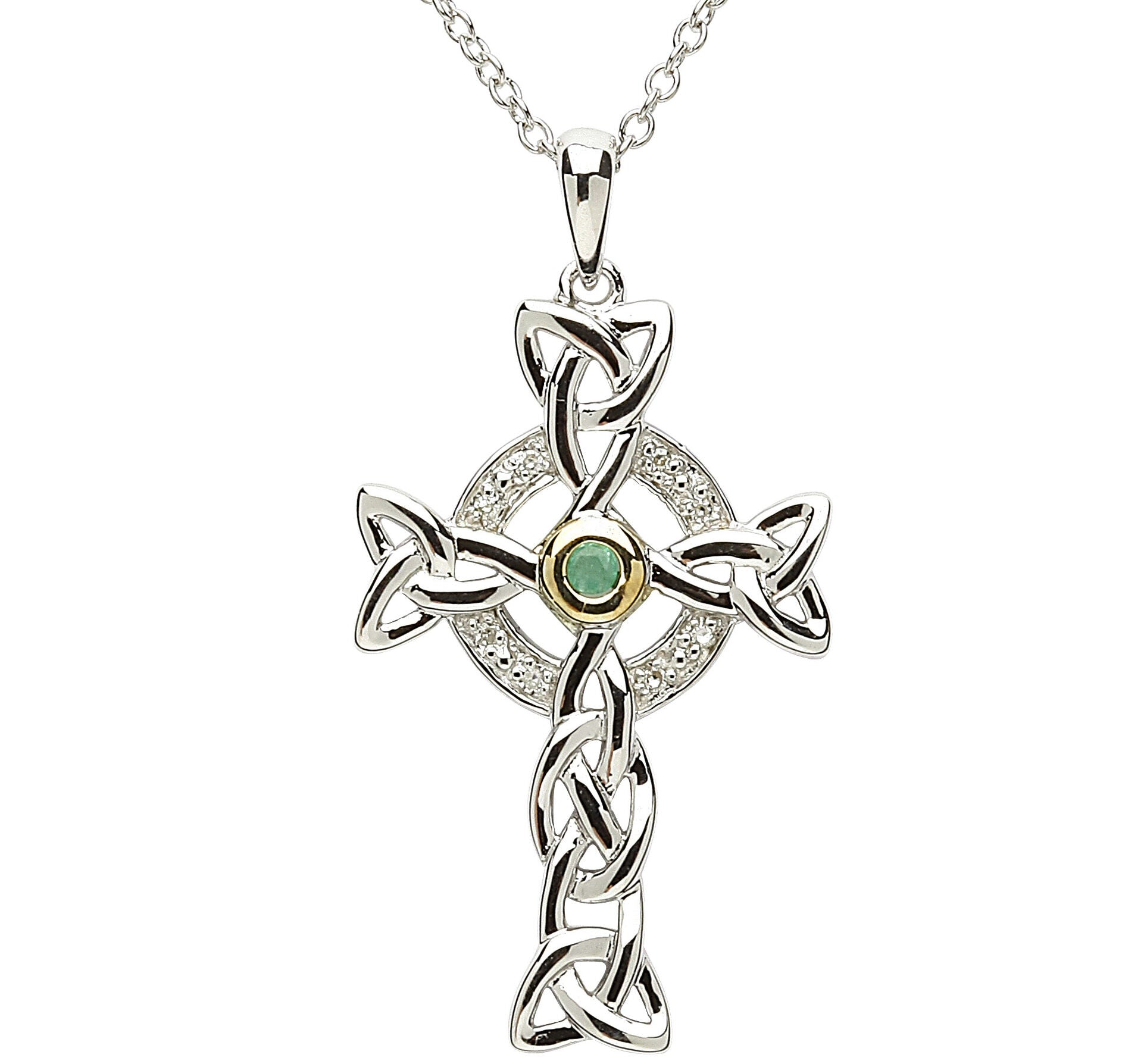 Platinum Plated Celtic Cross Necklace With Green Centre & Clear Crystal