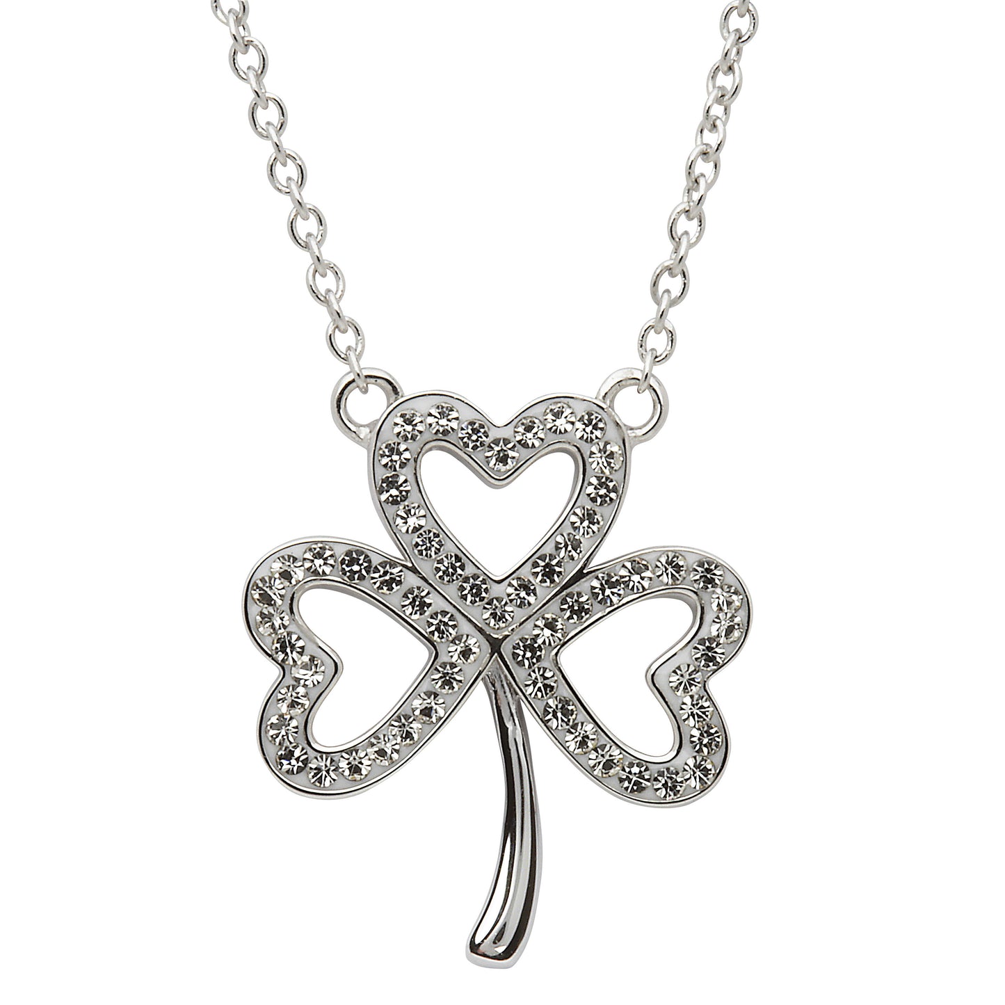 Platinum Plated Open Shamrock necklace With Clear Crystal