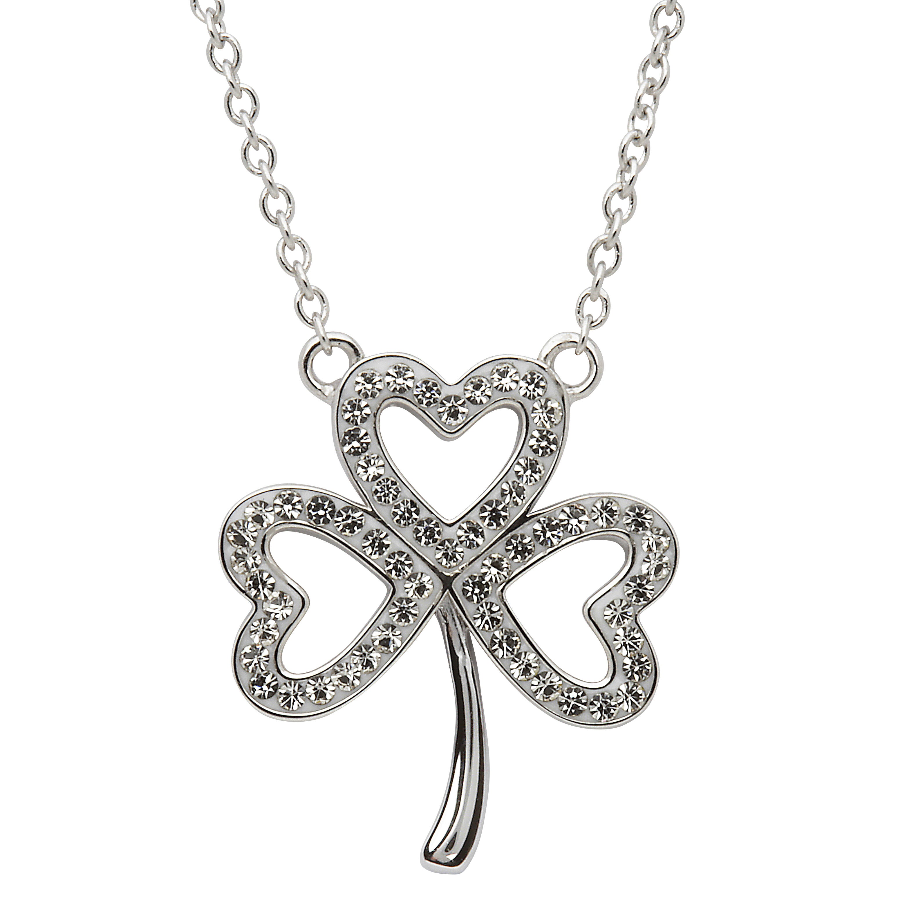 Platinum Plated Open Shamrock Necklace With Clear Crystal