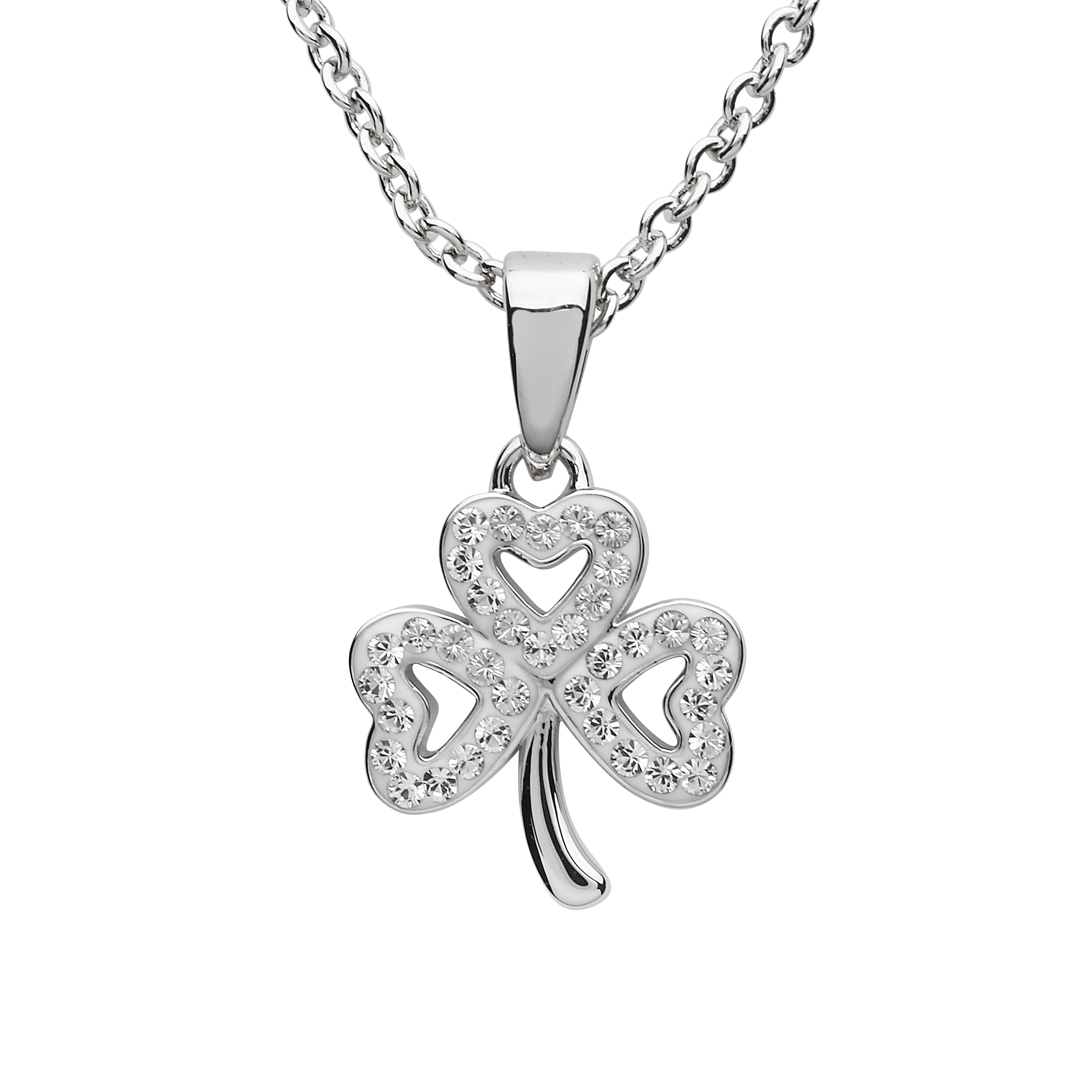 Platinum Plated Shamrock Necklace With Clear Crystal