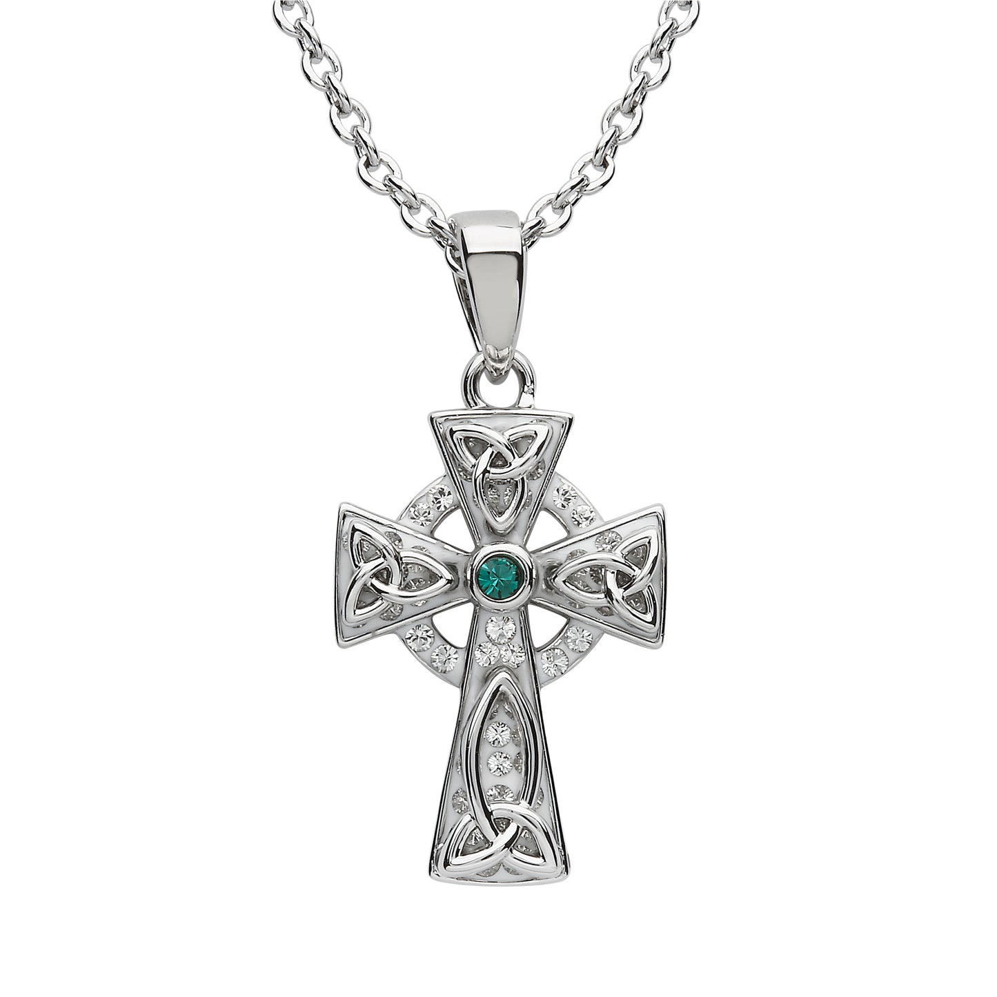 Platinum Plated Celtic Cross necklace With Green Crystals Centre Stone