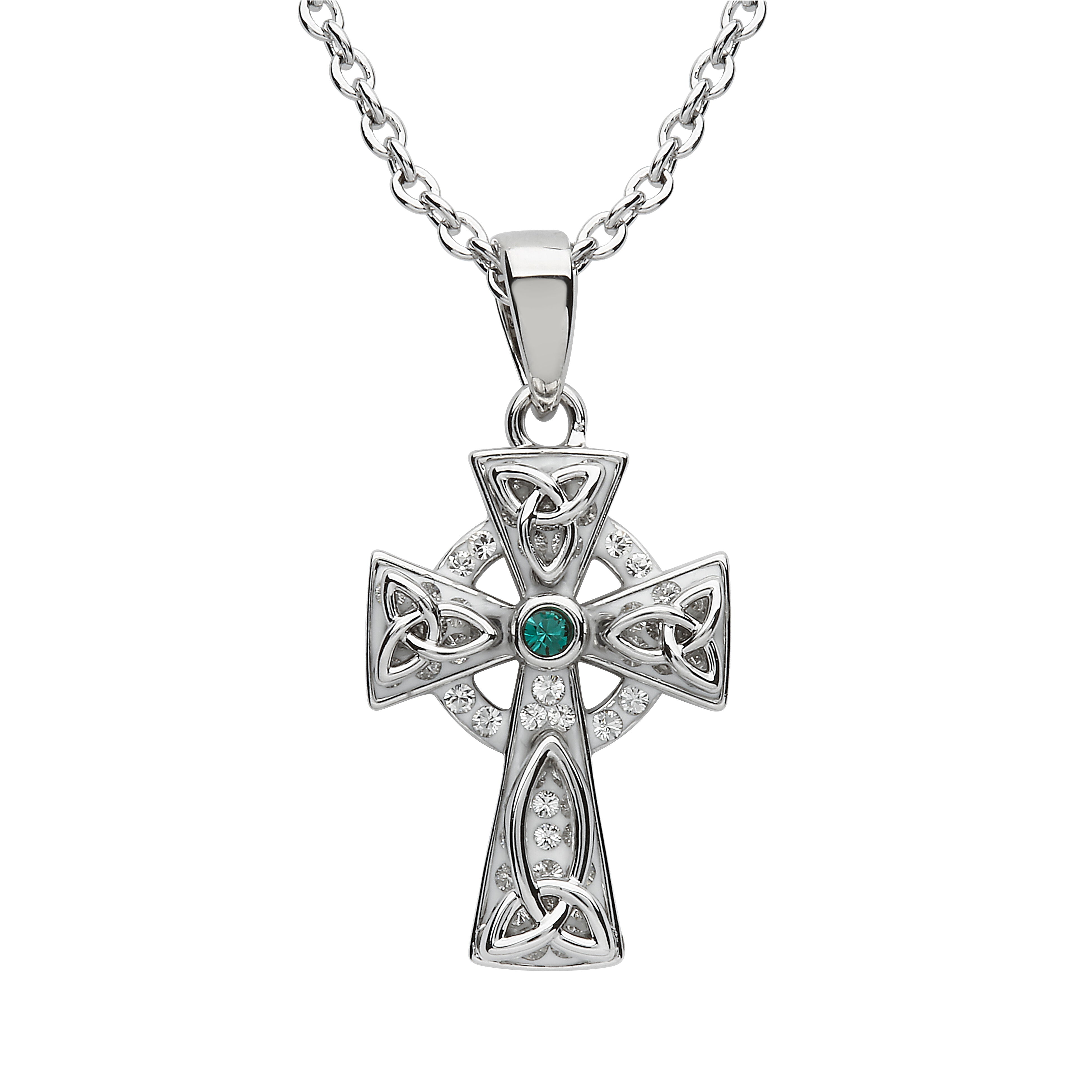 Platinum Plated Celtic Cross Necklace With Green Crystals Centre Stone