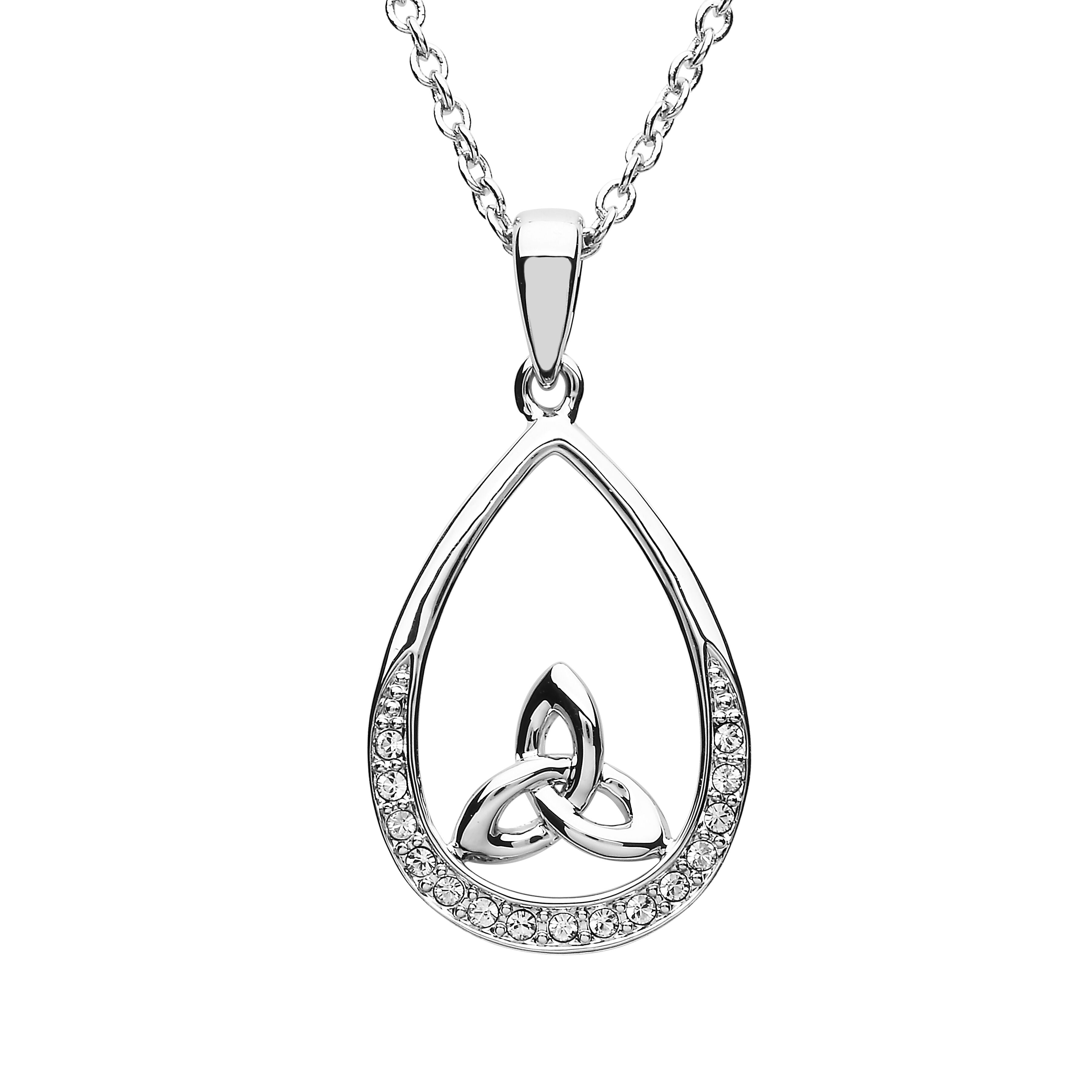 Platinum Plated Pear Drop Trinity Necklace Design With Clear Crystals
