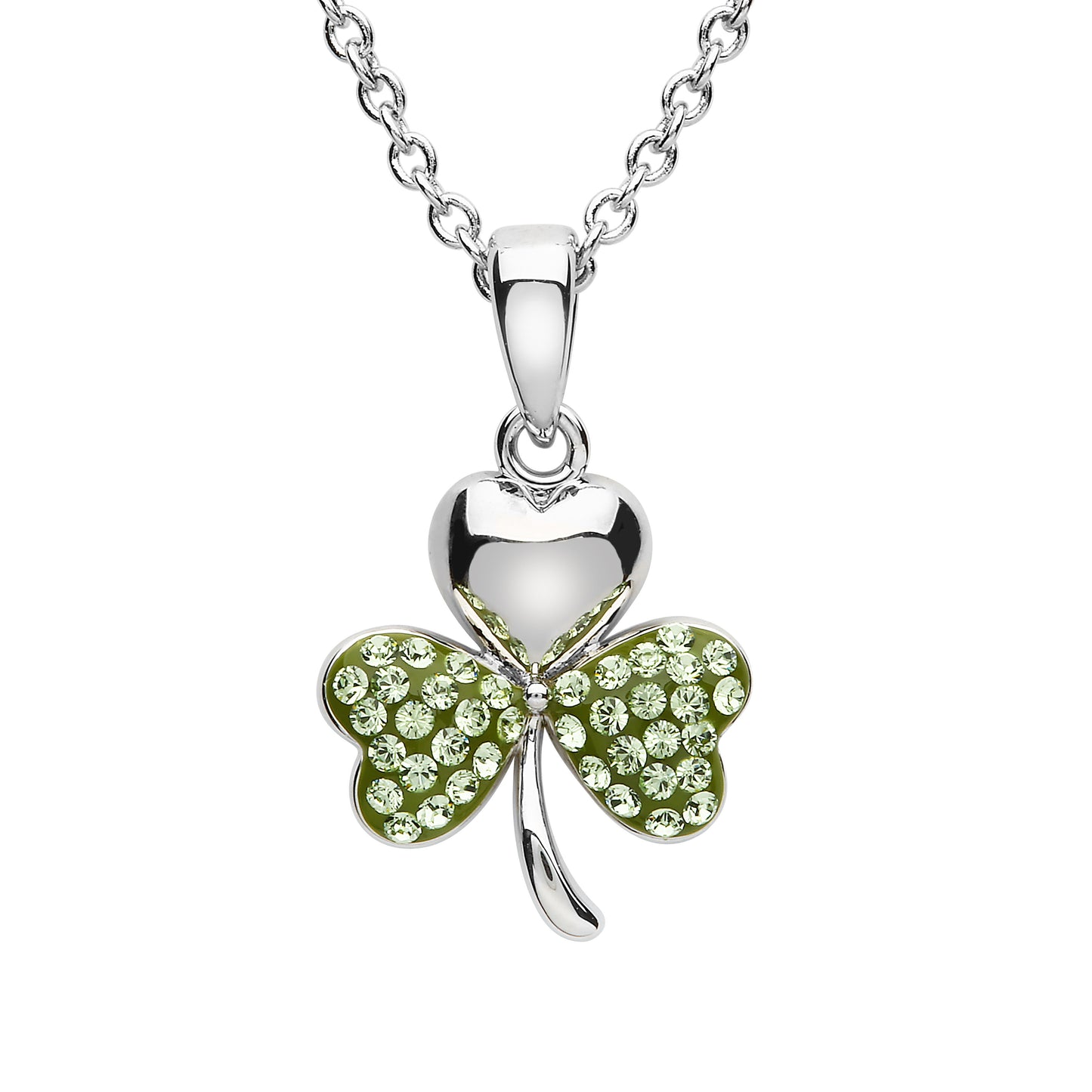 Platinum Plated Shamrock Necklace With Peridot Crystals On Two Leaves