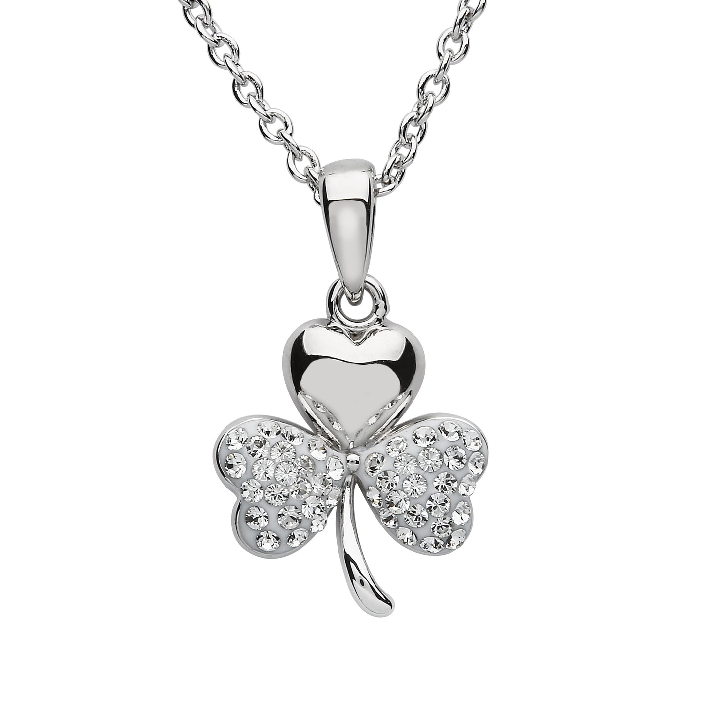Platinum Plated Shamrock Necklace With Clear Crystals On Two Leafs