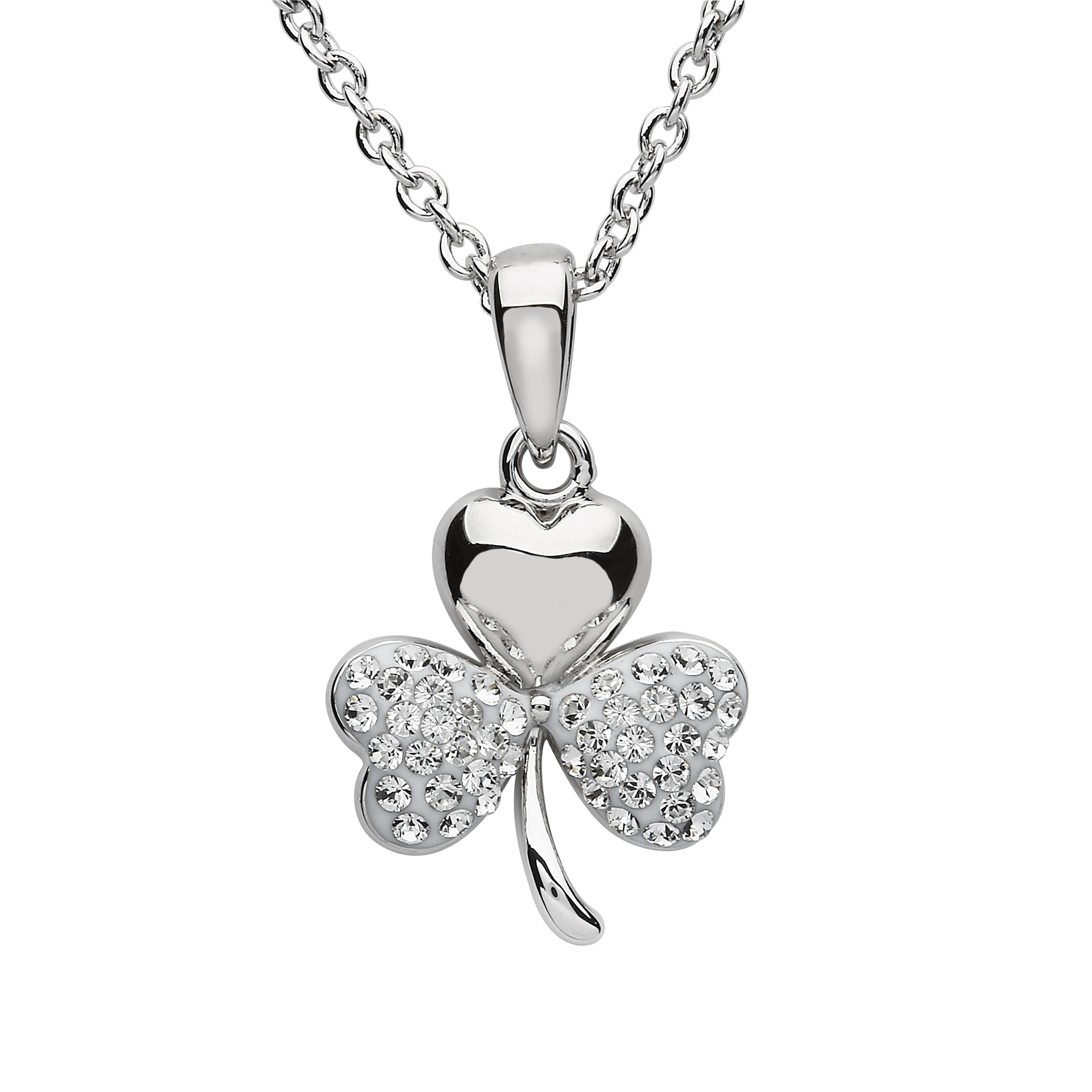 Platinum Plated Shamrock Necklace With Clear Crystals On Two Leafs