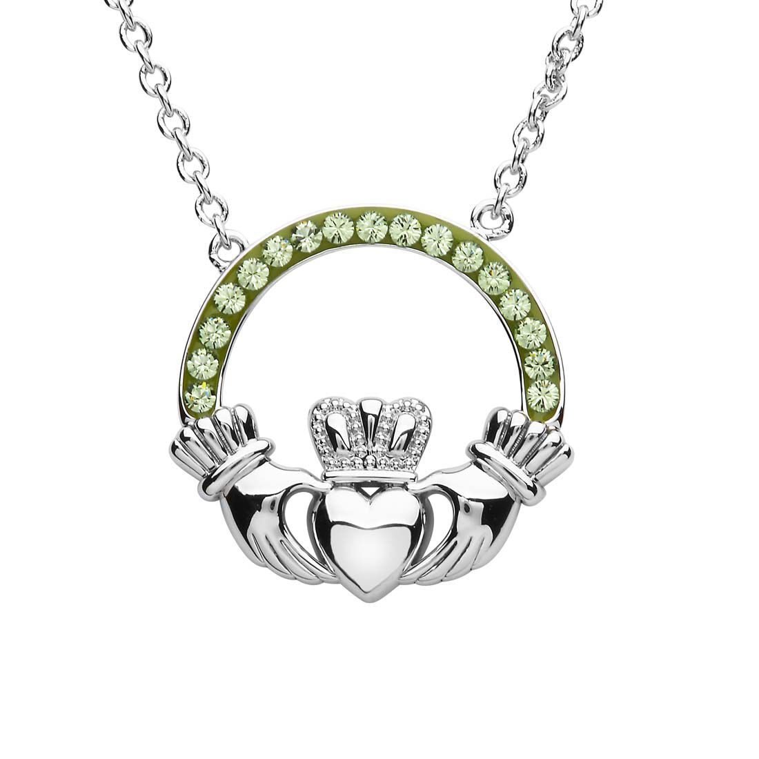 Platinum Plated Claddagh Necklace With Peridot Crystals