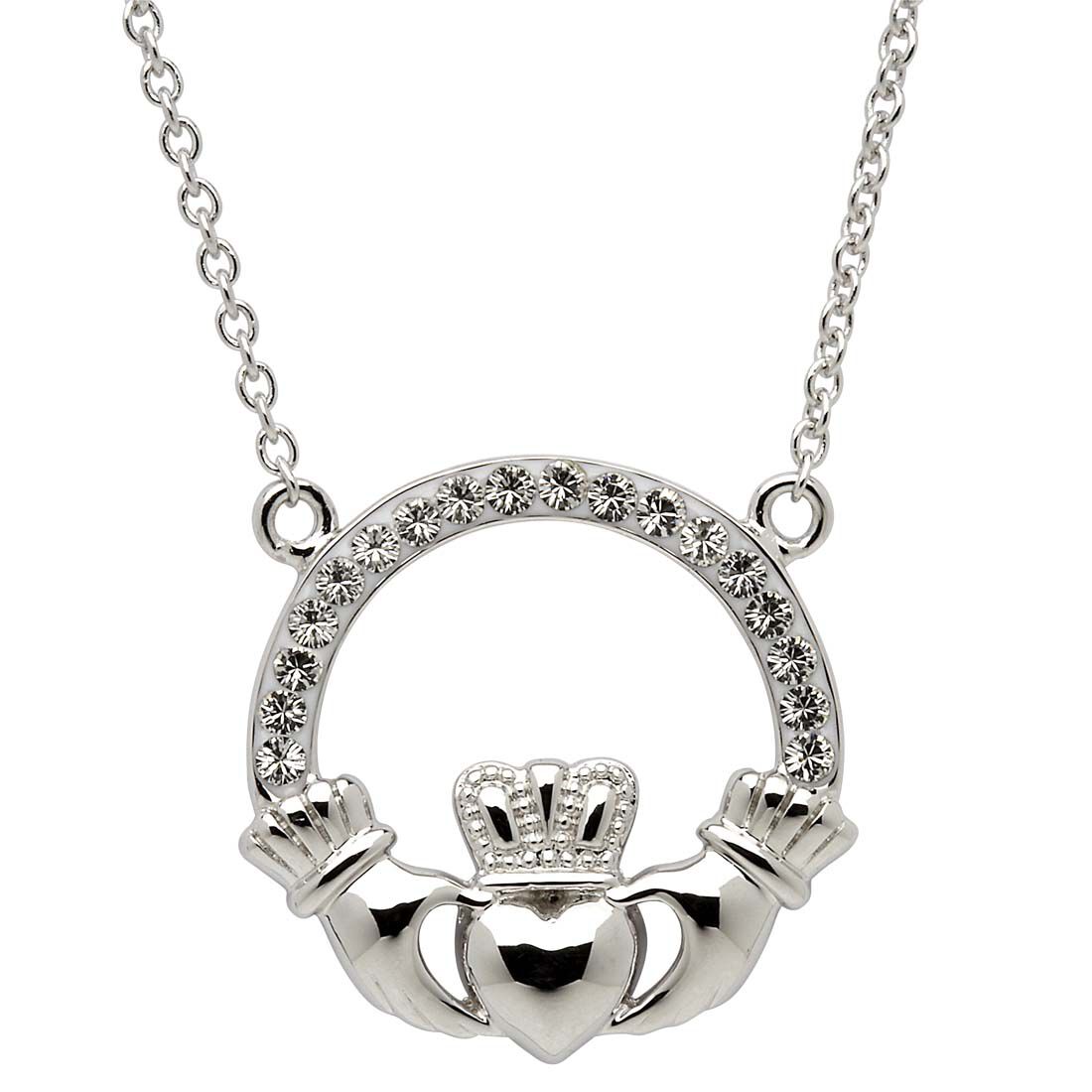 Platinum Plated Claddagh Necklace With Clear Crystal