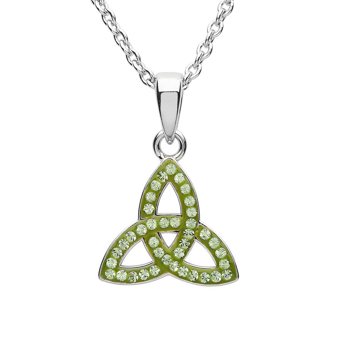 Platinum Plated Trinity Knot Necklace With Peridot Crystals