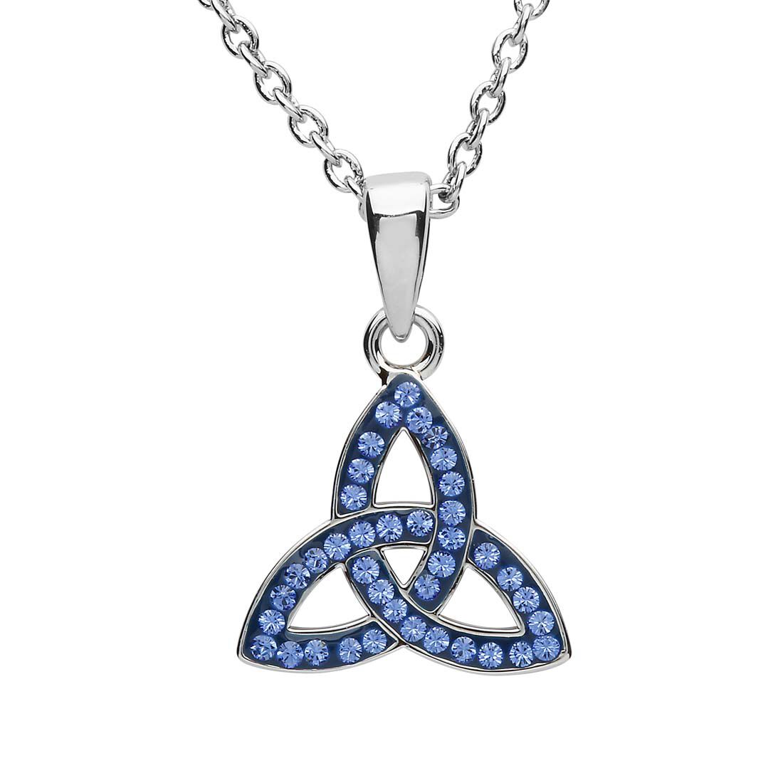 Platinum Plated Trinity Knot Necklace With Blue Crystals