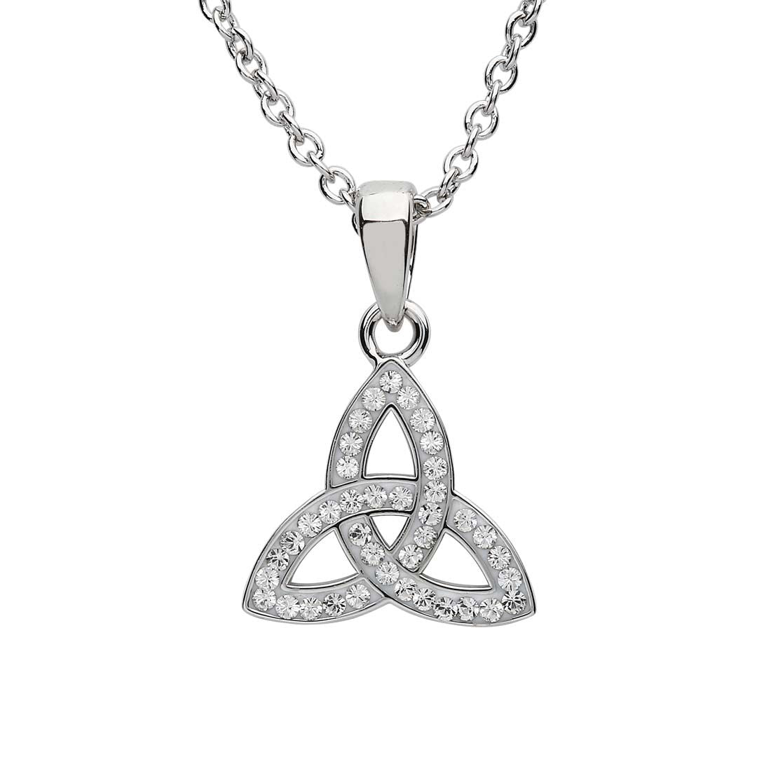 Platinum Plated Trinity Knot necklace With clear Crystals