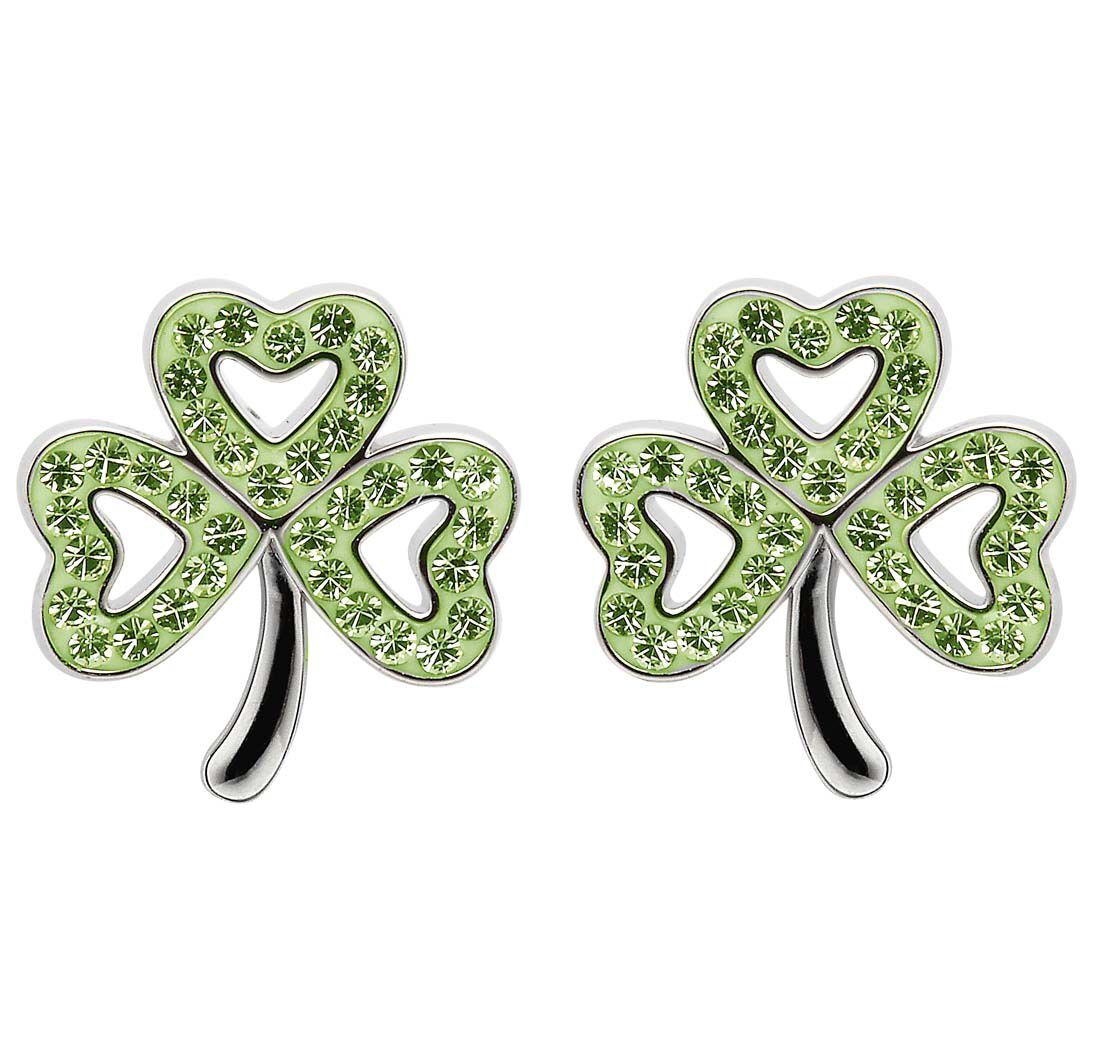 Platinum Plated Shamrock Stud Earrings With Peridot Crystals