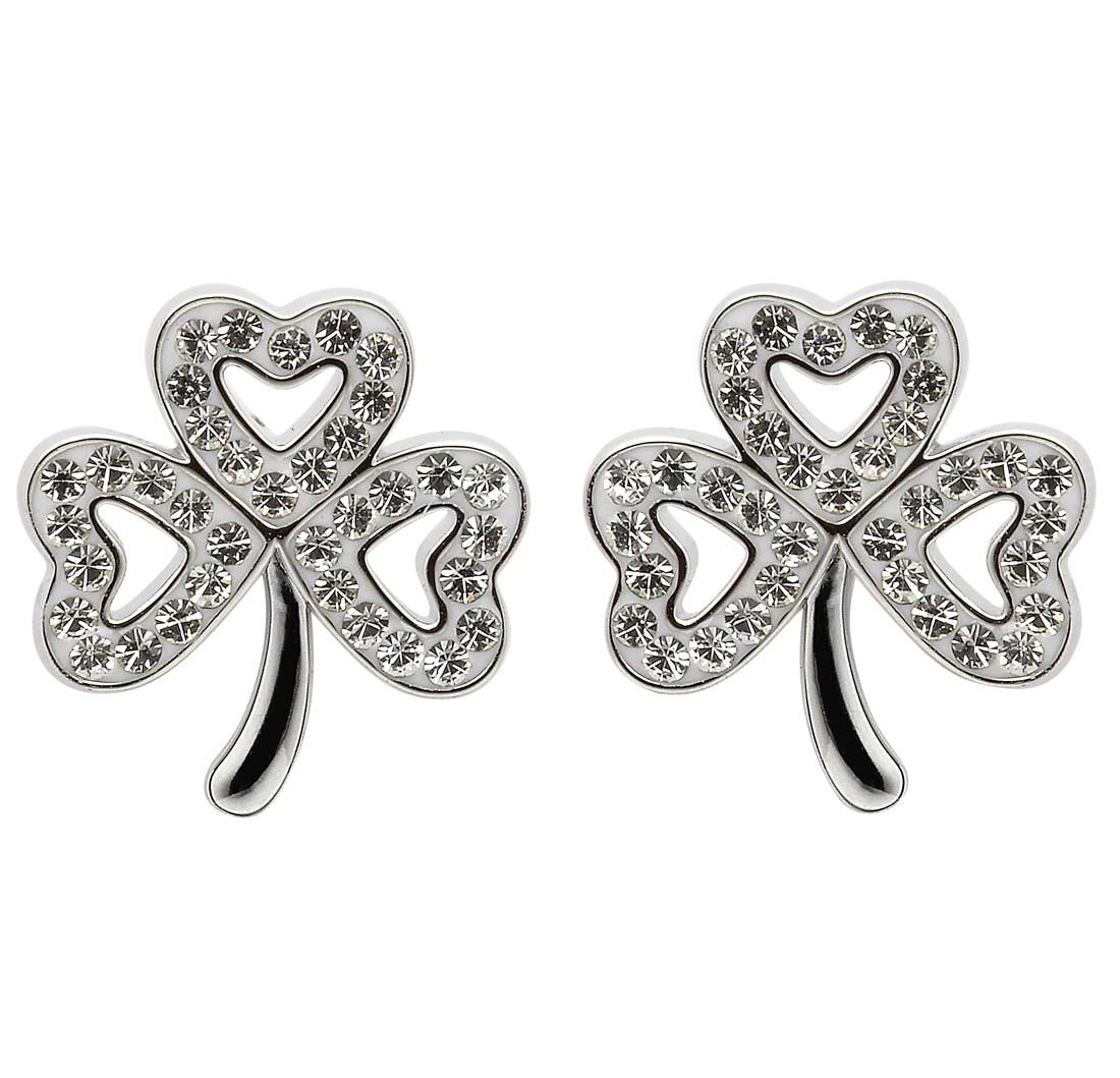 Platinum Plated Shamrock Stud Earrings With Clear Crystals