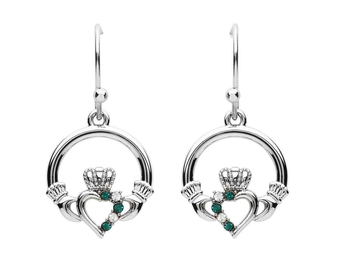 Platinum Plated Claddagh Drop Earrings With Clear & Peridot Crystals