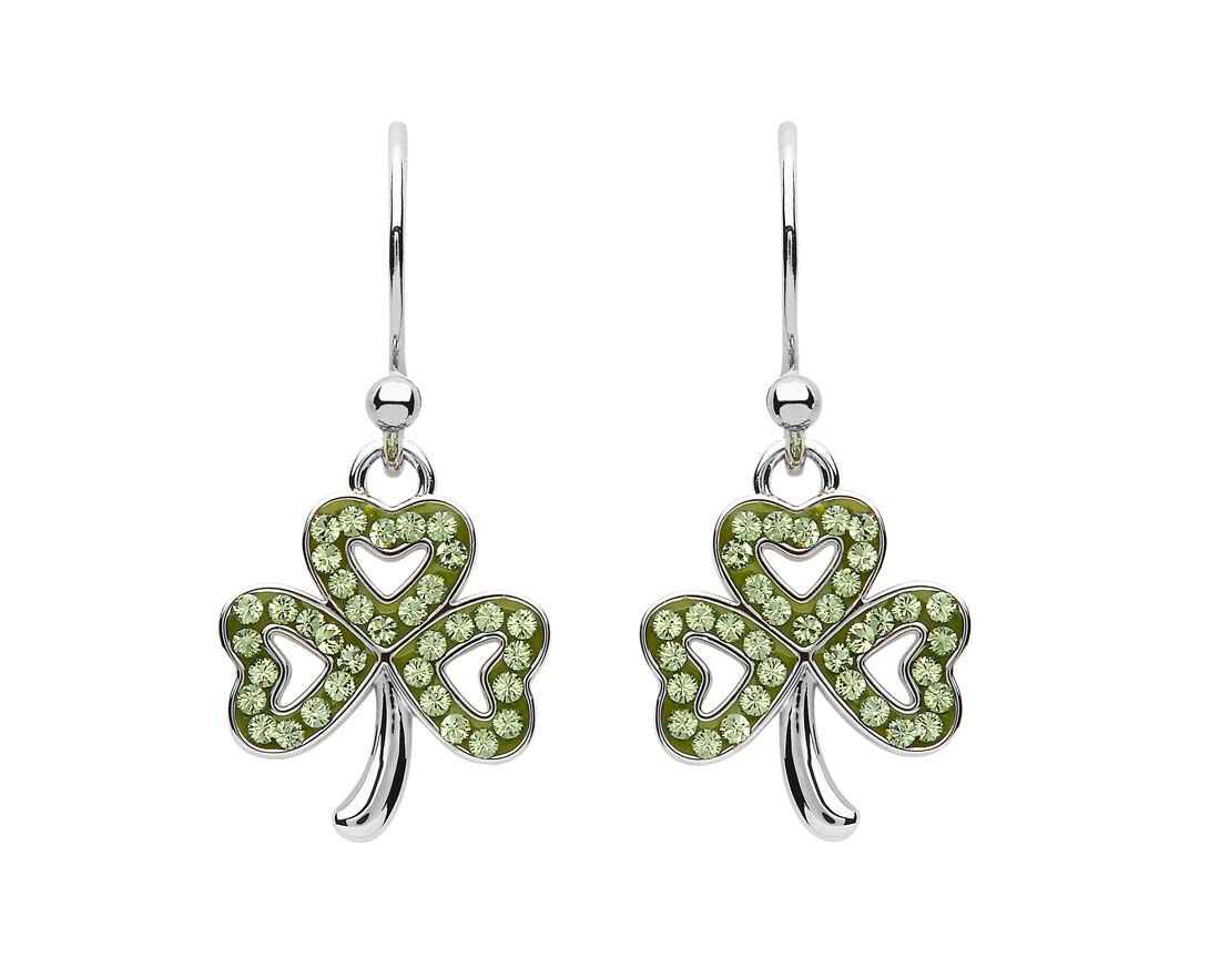 Platinum Plated Shamrock Drop Earrings With Peridot Crystals