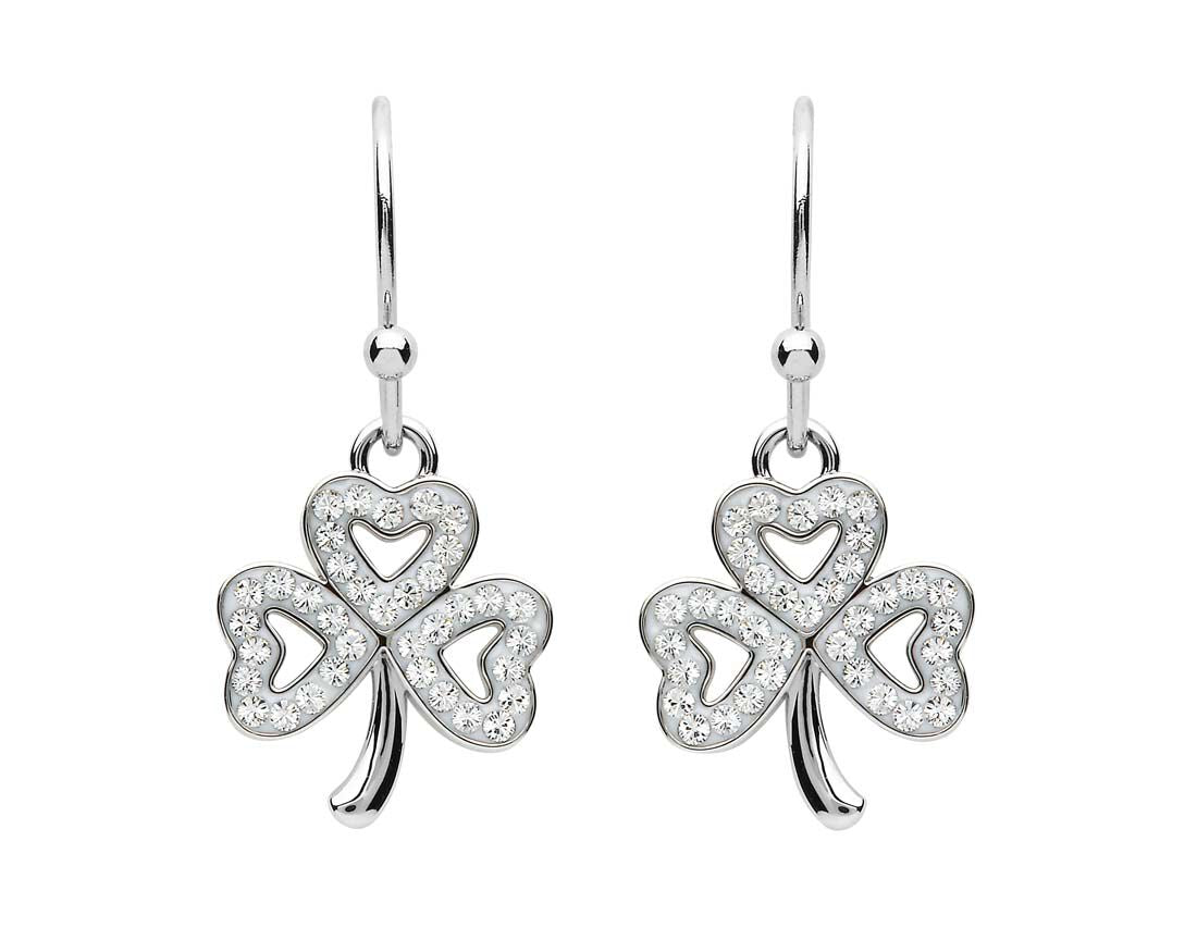 Platinum Plated Shamrock Drop Earrings With Clear Crystals