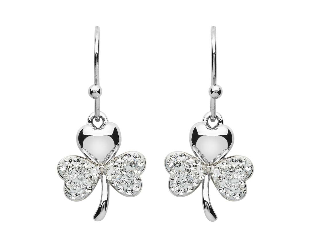 Platinum Plated Small Shamrock Leaf Drop Earrings With Clear Crystals