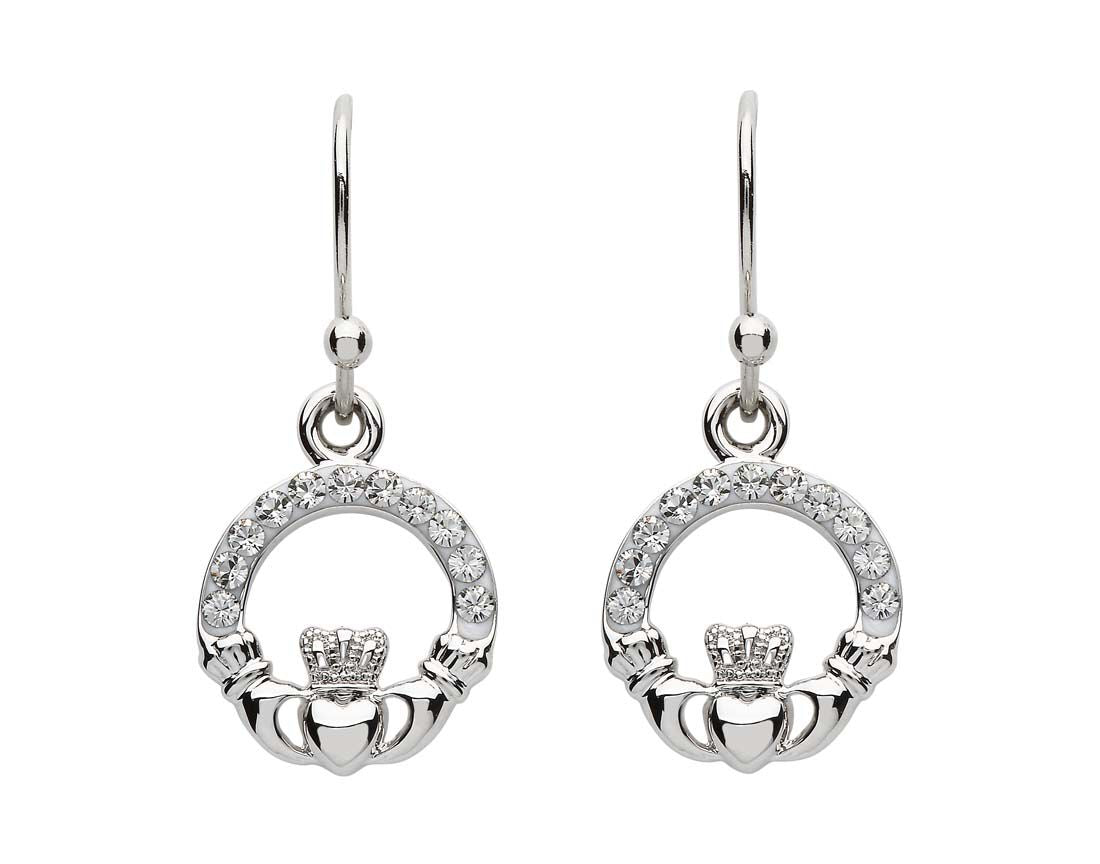 Platinum Plated Claddagh Drop Earrings With Clear Crystals