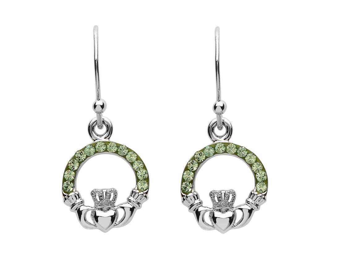 Platinum Plated Claddagh Drop Earrings With Peridot Crystals
