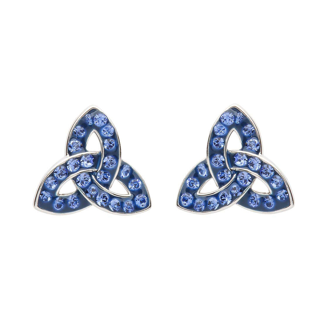 Platinum Plated Trinity Knot Stud Earrings With Blue Crystals