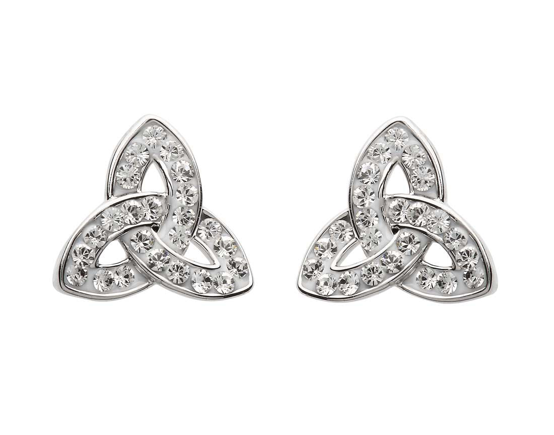 Platinum Plated Trinity Knot Stud Earrings With Clear Crystals