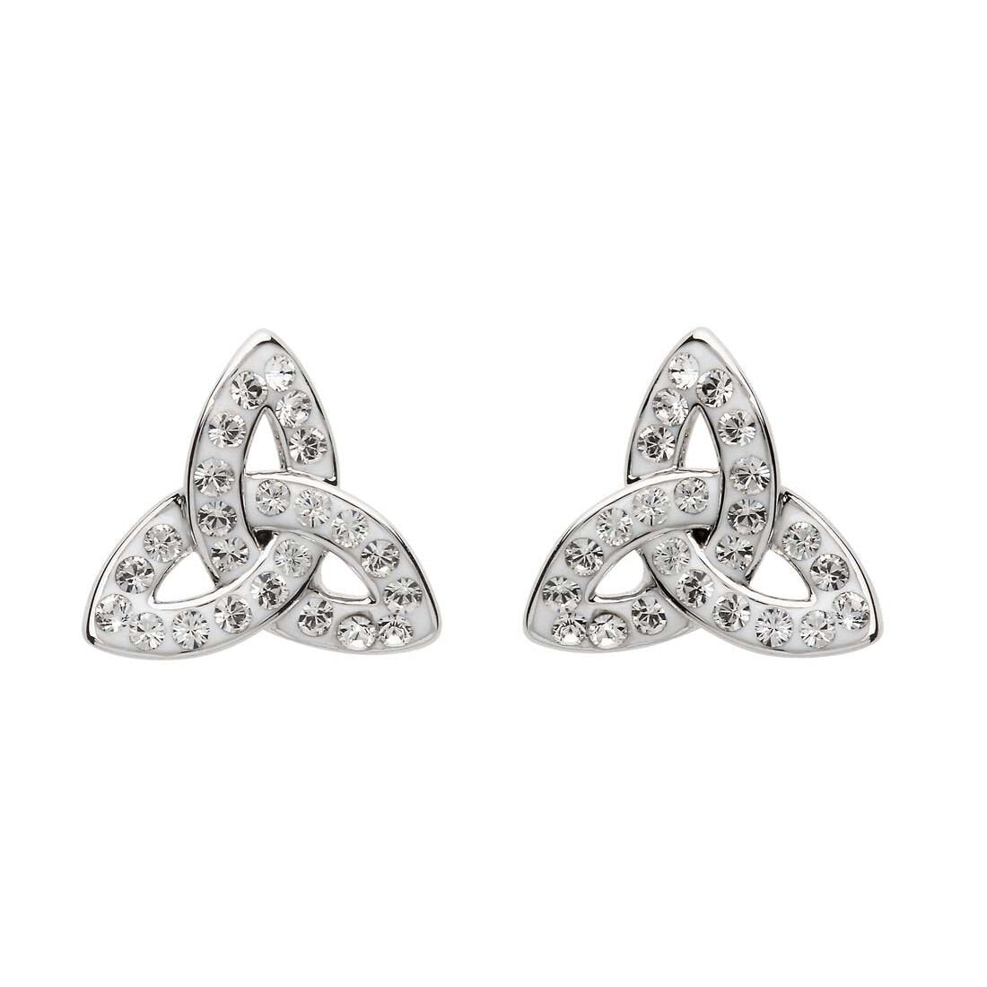 Platinum Plated Trinity Knot Stud Earrings With Clear Crystals