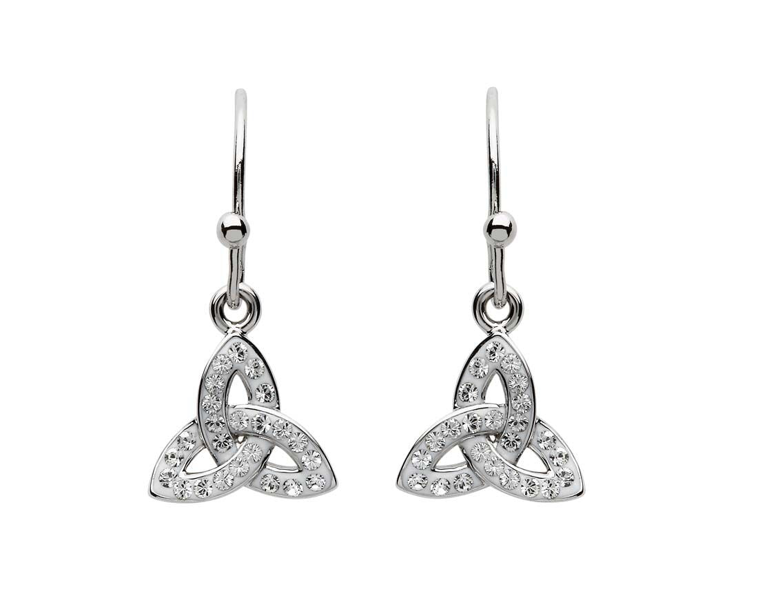 Platinum Plated Trinity Knot Drop Earrings With Clear Crystals