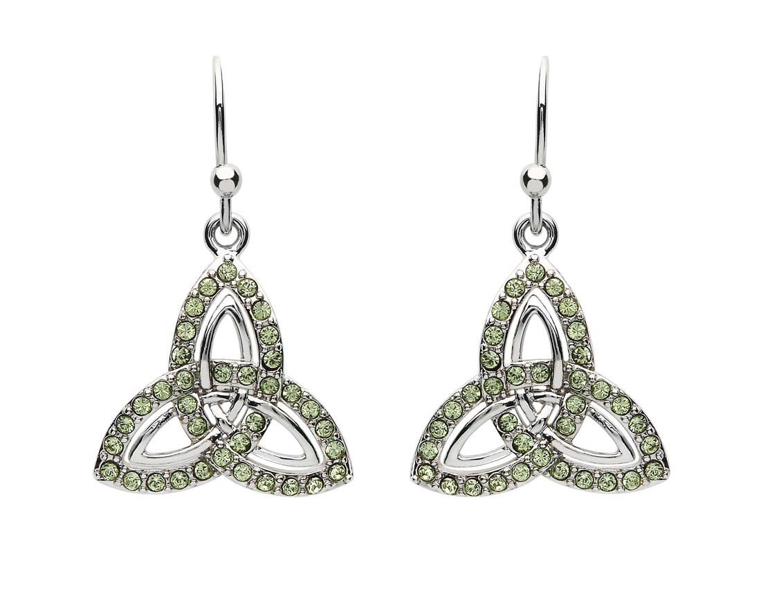 Platinum Plated Trinity Knot Drop Earrings 2 Row With Peridot Crystals