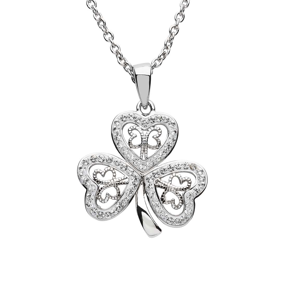 Platinum Plated Filigree Shamrock Necklace With Clear Crystals