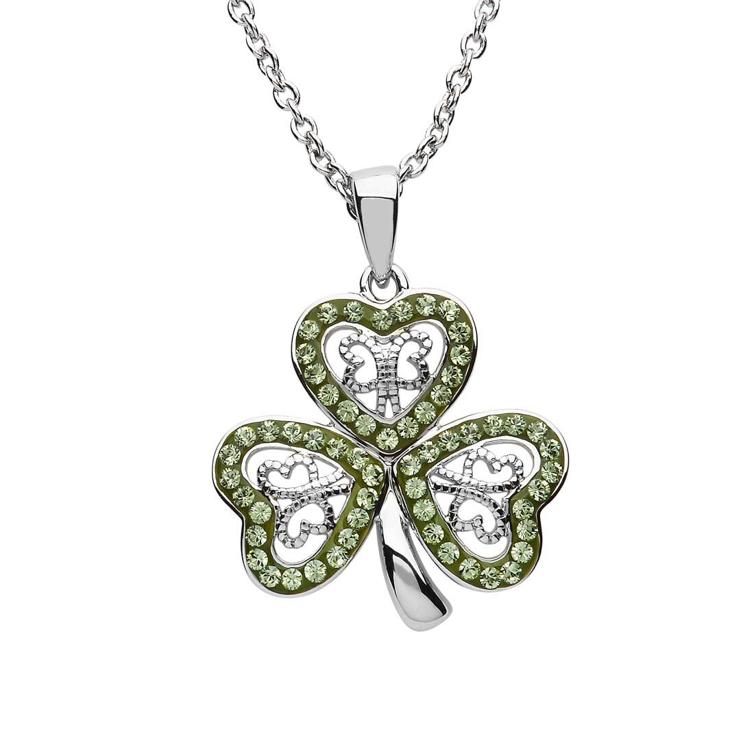 Platinum Plated Filigree Shamrock Necklace With Peridot Crystals