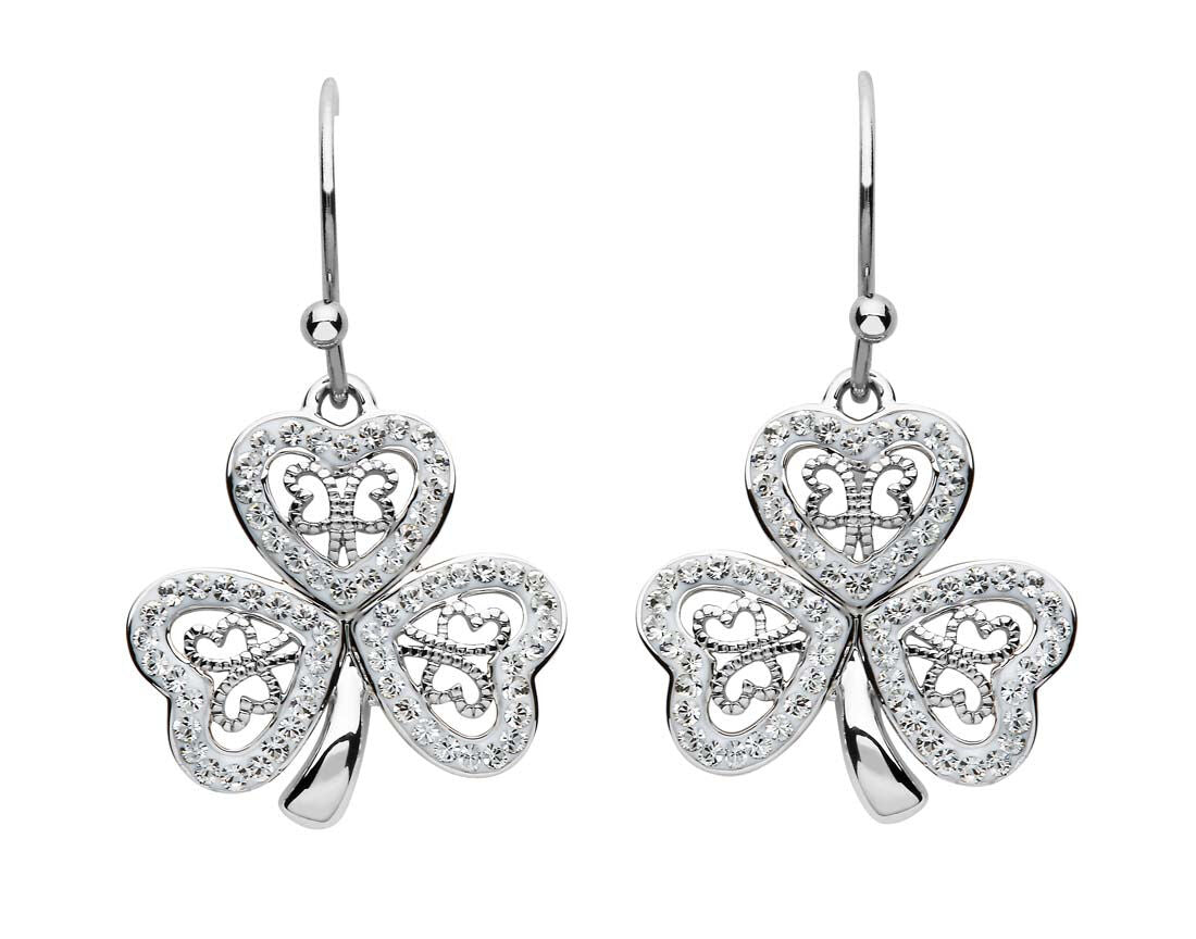 Platinum Plated Filigree Shamrock Drop Earrings With Clear Crystals