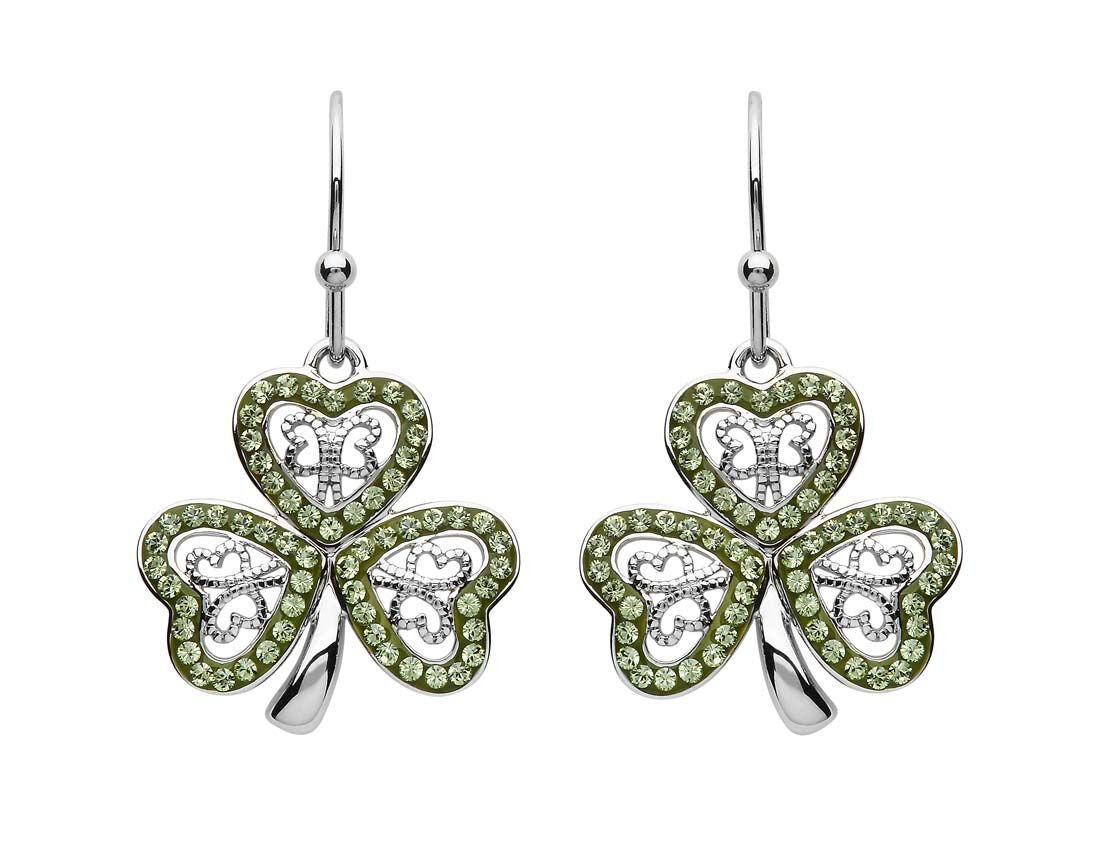 Platinum Plated Filigree Shamrock Drop Earrings With Peridot Crystals