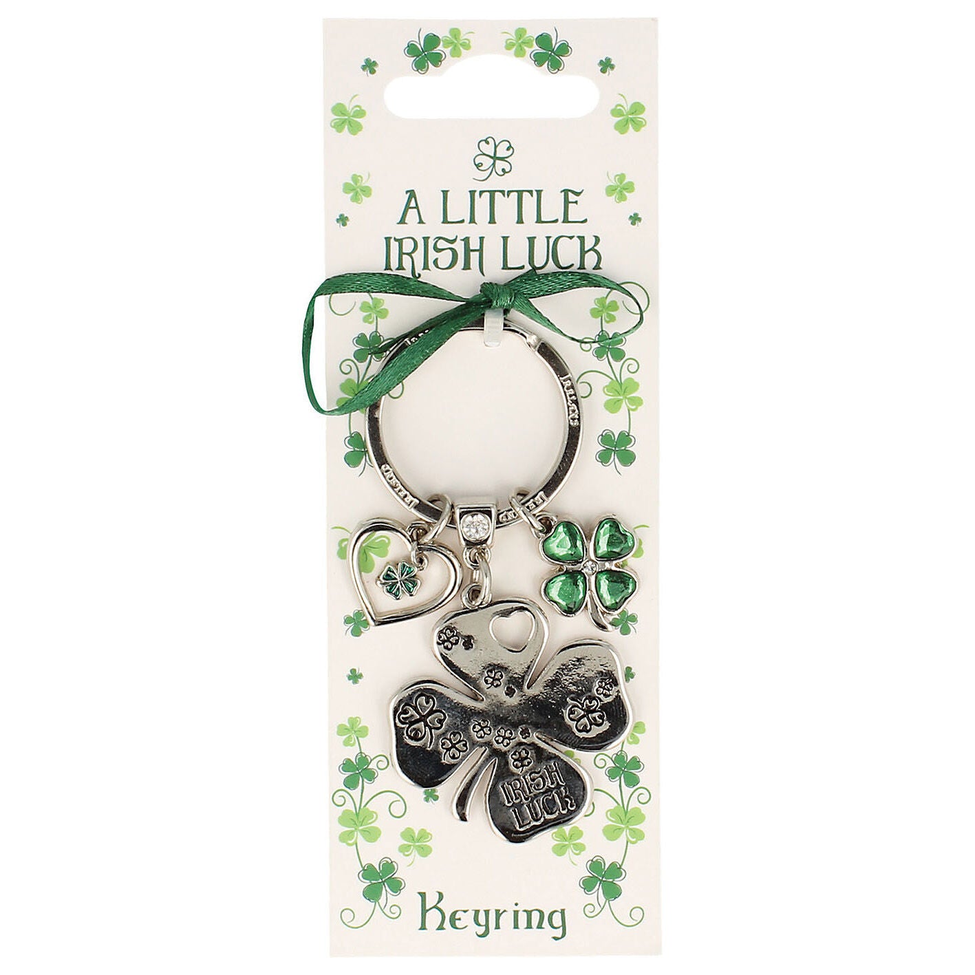 Silver Metal Keychain With 4 Leaf Clover Charm & 'irish Luck' Text Design